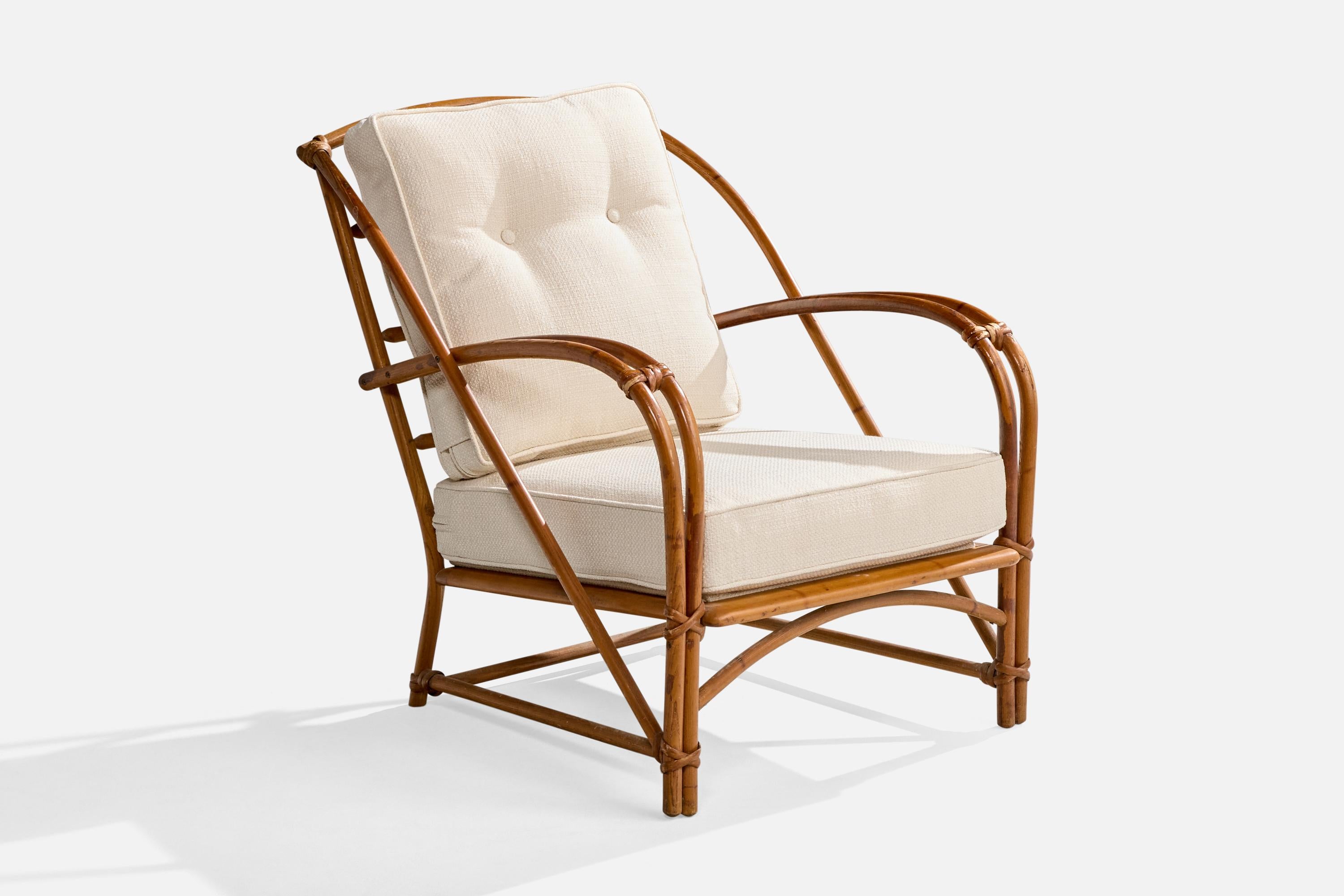 Heywood Wakefield, Lounge Chairs, Bamboo, Rattan, Fabric, USA, 1950s In Good Condition In High Point, NC