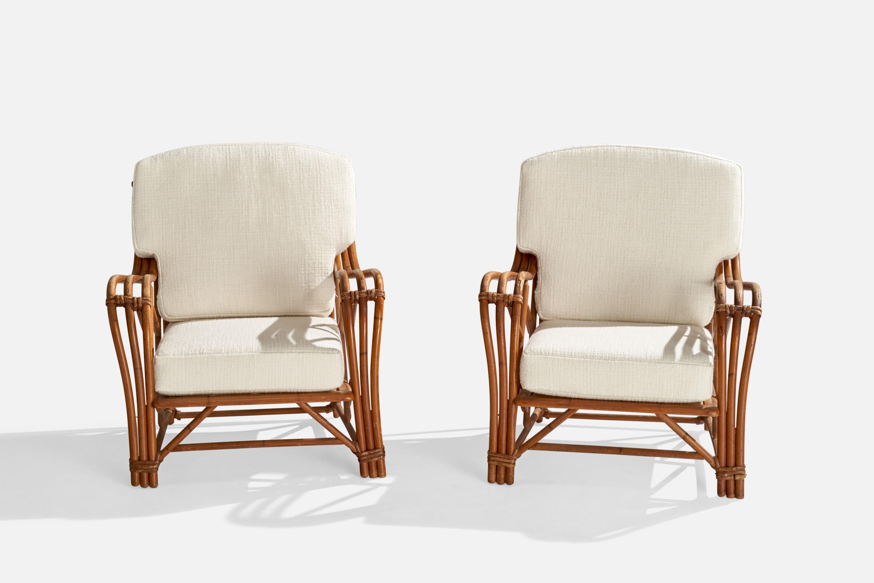 Mid-20th Century Heywood Wakefield, Lounge Chairs, Bamboo, Rattan, Fabric, USA, 1950s