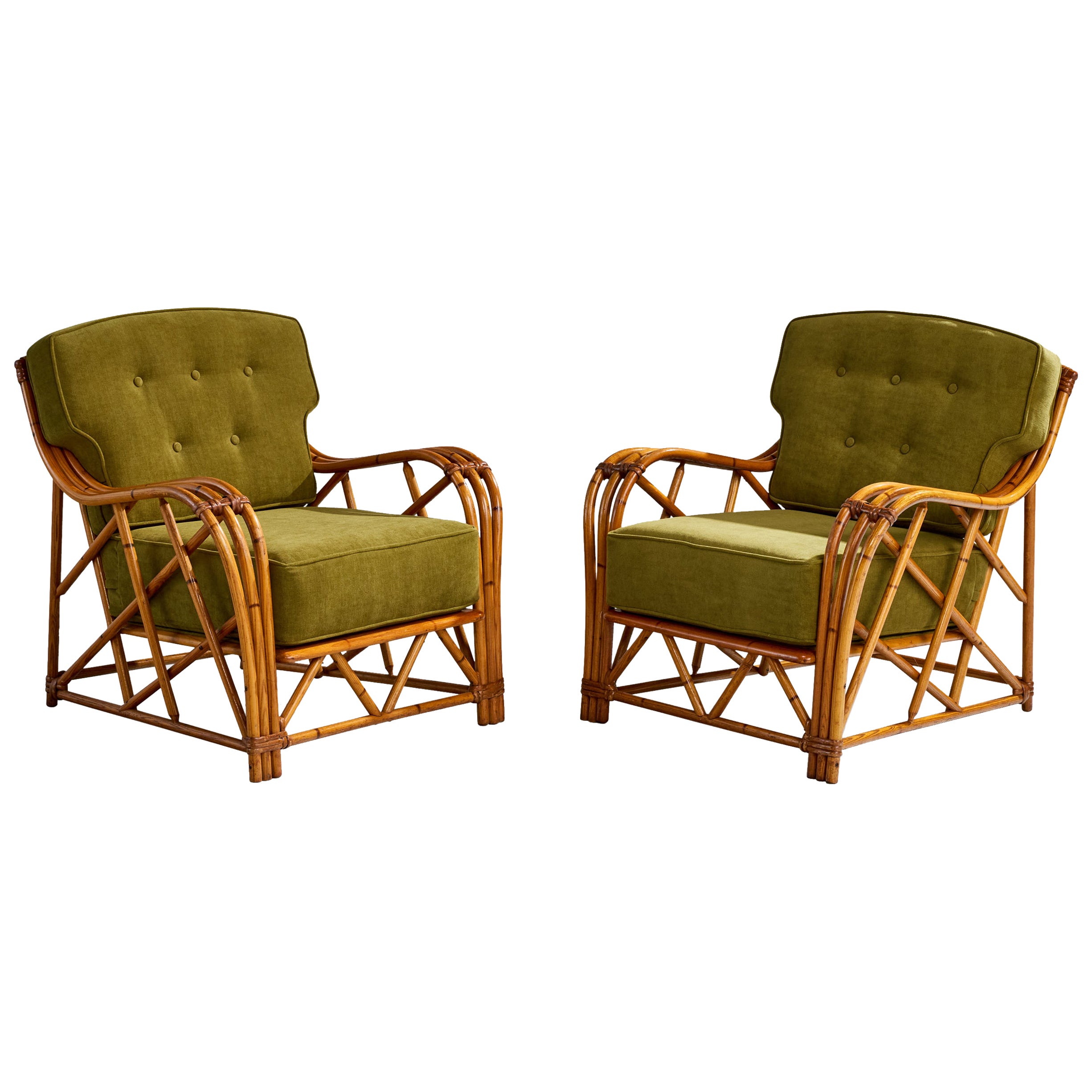 Heywood Wakefield, Sedie da salotto, Bambù, Rattan, Tessuto, USA, anni '50 in vendita