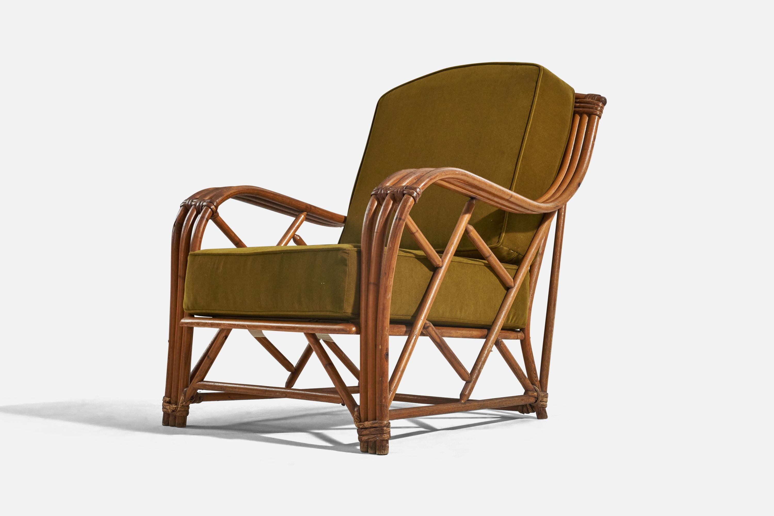 A pair of bamboo, rattan and green velvet lounge chairs designed and produced by Heywood Wakefield, United States, 1950s.




