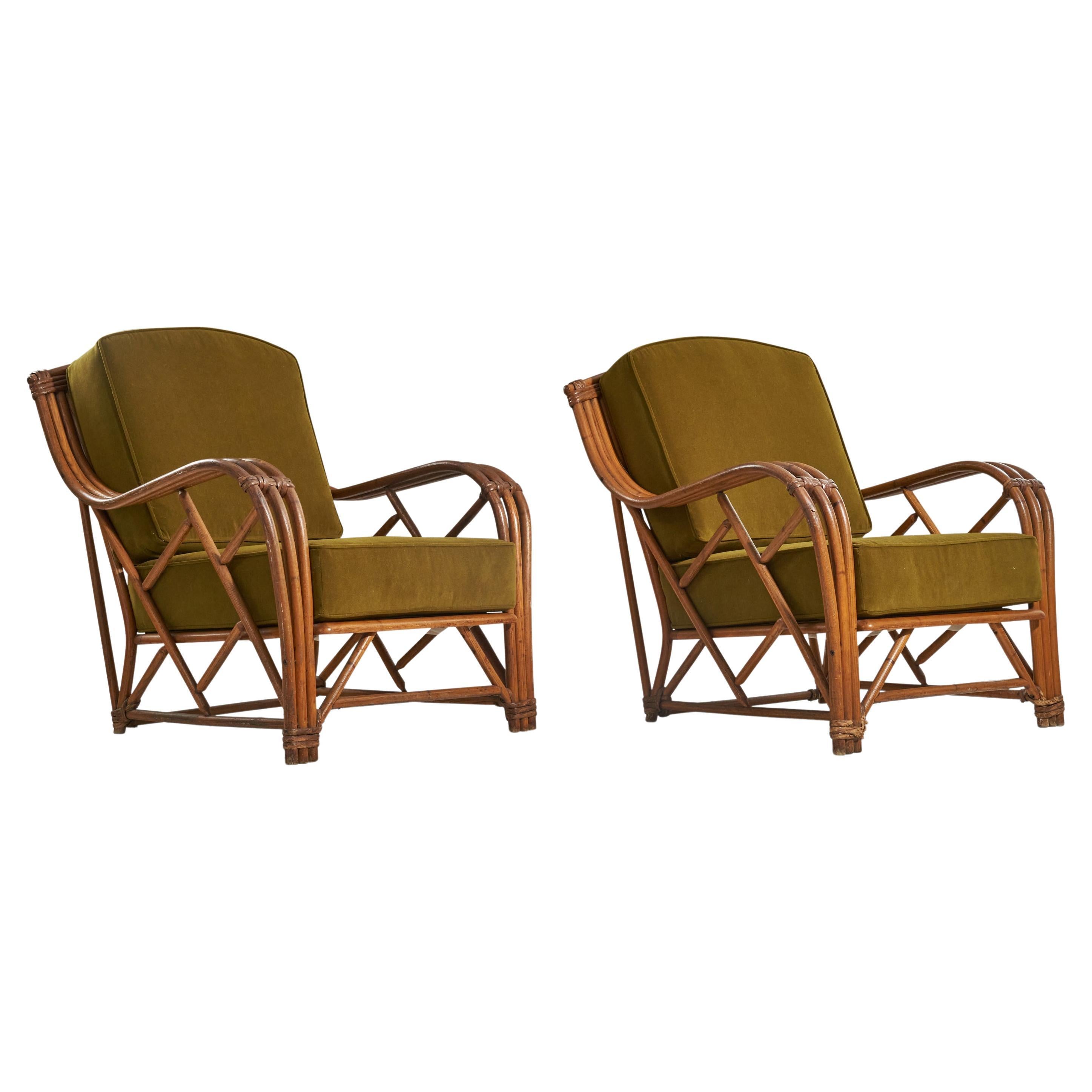 Heywood Wakefield, Lounge Chairs, Bamboo, Rattan, Green Velvet, USA, 1950s