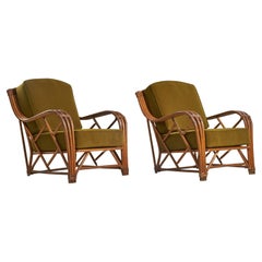 Heywood Wakefield, Lounge Chairs, Bamboo, Rattan, Green Velvet, USA, 1950s