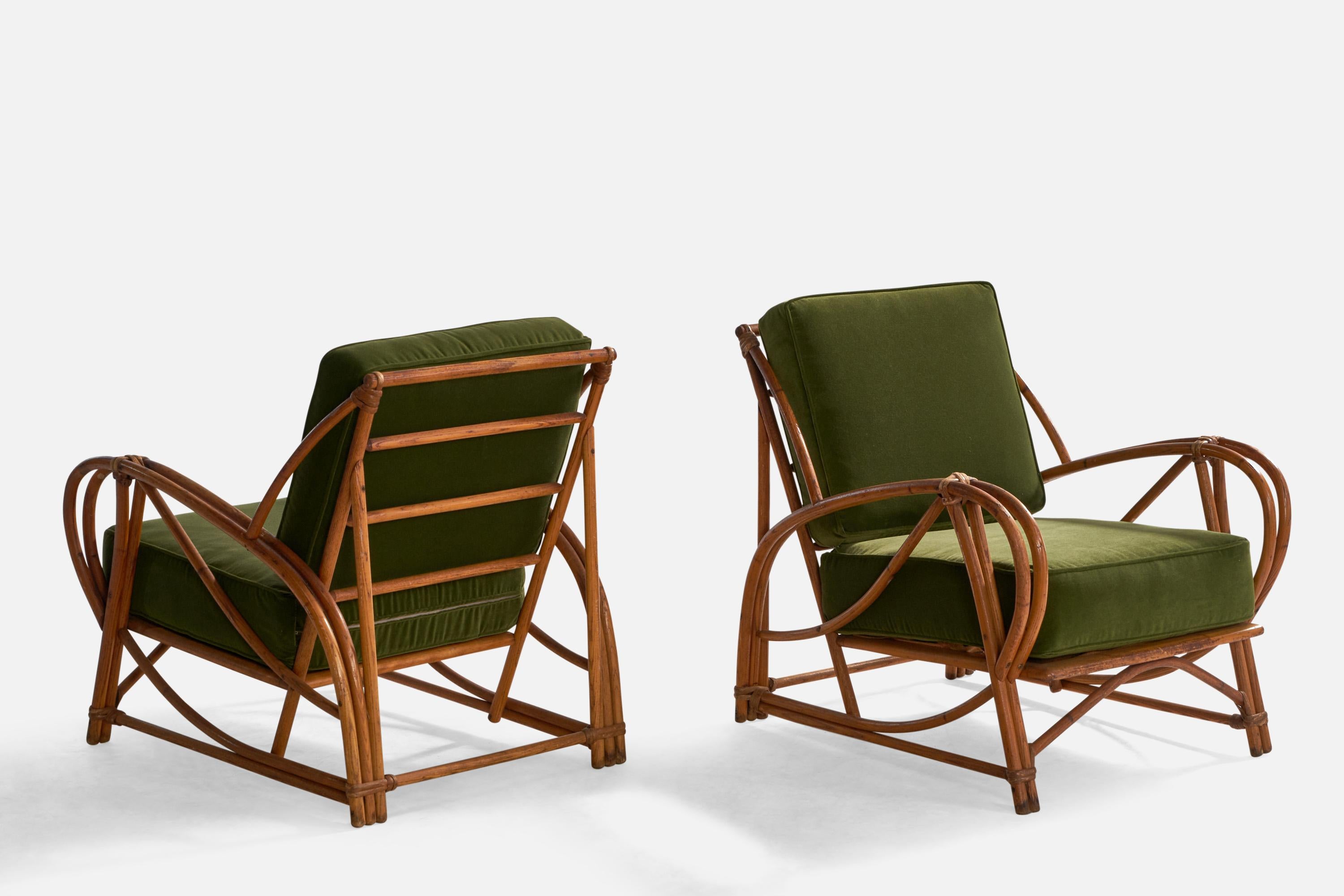A pair of moulded bamboo, rattan and green velvet lounge chairs designed and produced by Heywood-Wakefield, USA, 1950s.

Seat height: 16.38”
