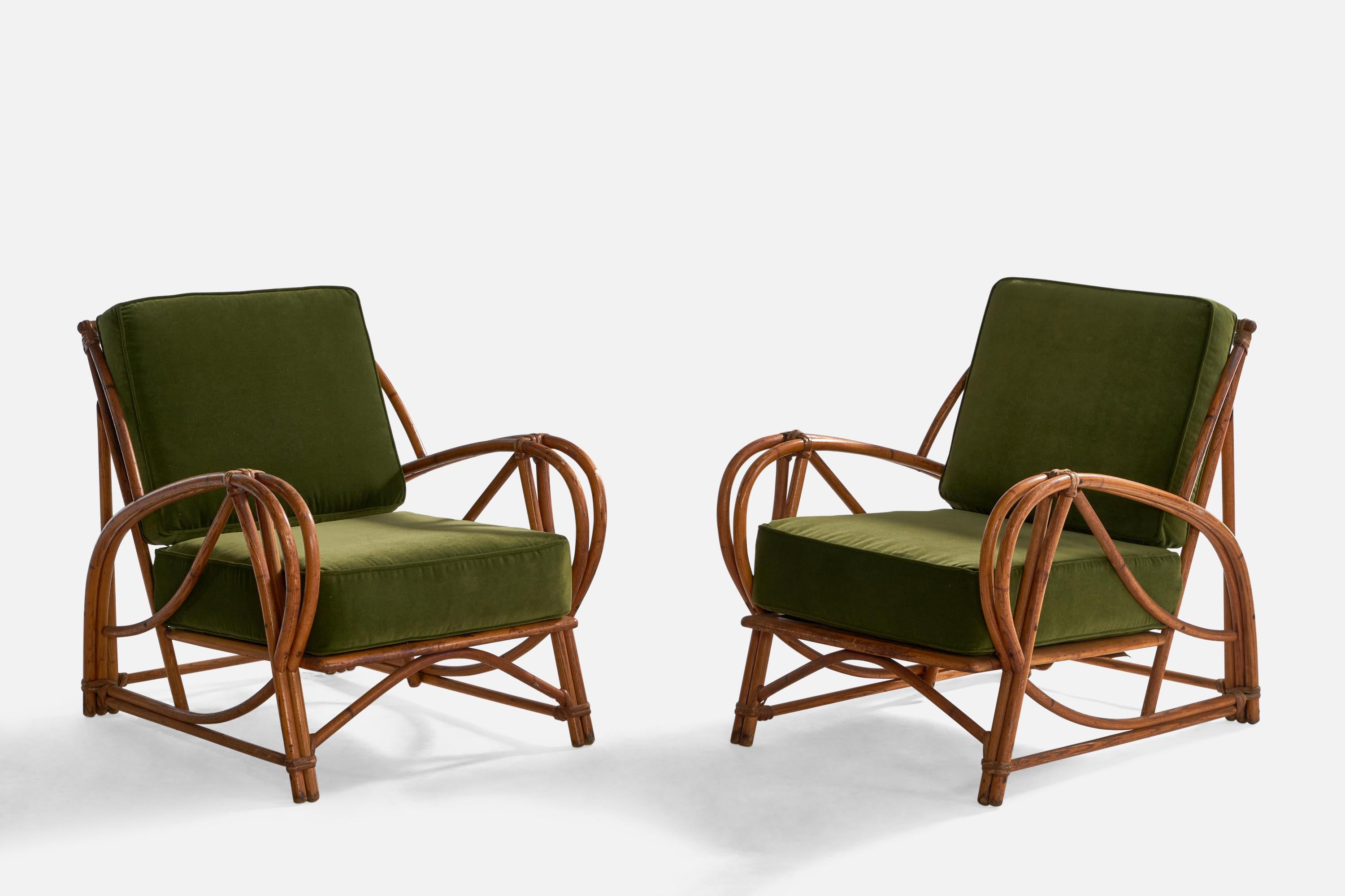 Mid-Century Modern Heywood-Wakefield, Lounge Chairs, Bamboo, Rattan, Velvet, USA, 1950s