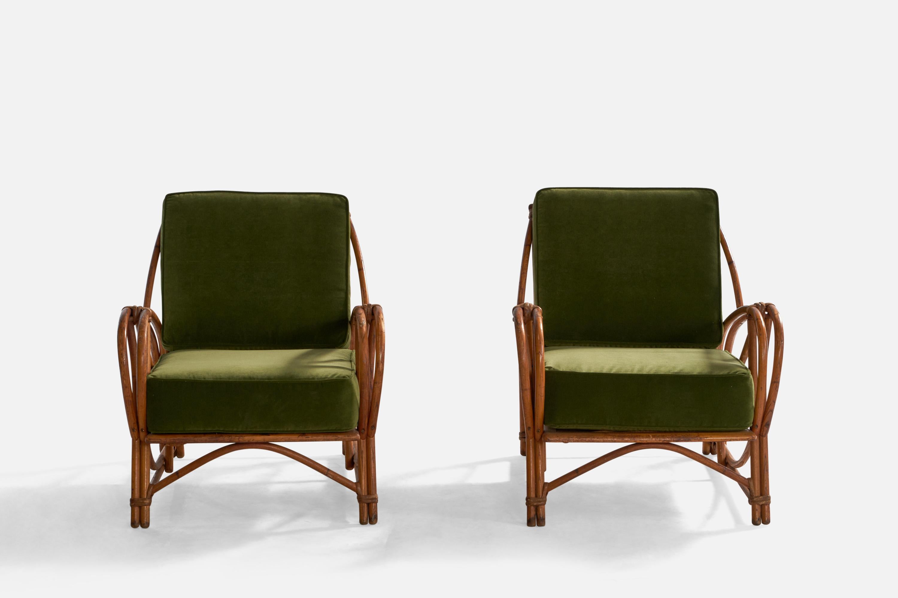 American Heywood-Wakefield, Lounge Chairs, Bamboo, Rattan, Velvet, USA, 1950s