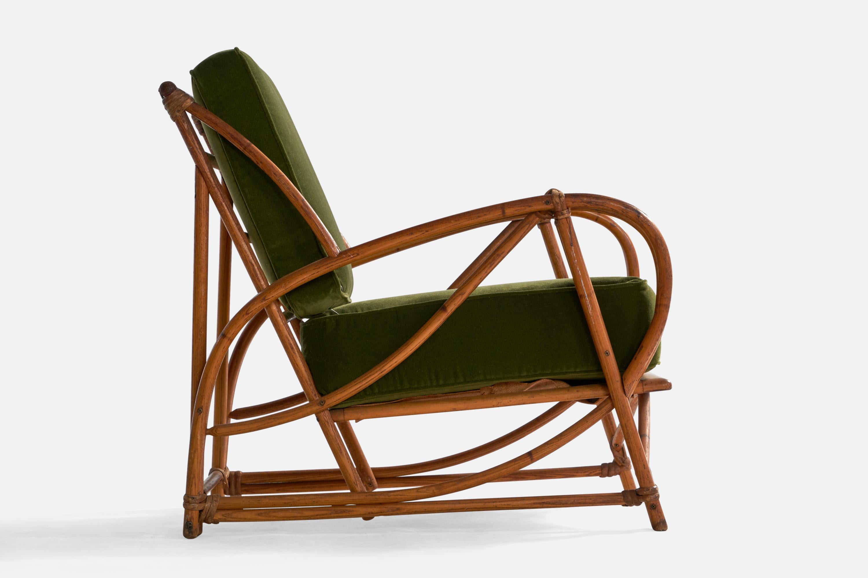 Mid-20th Century Heywood-Wakefield, Lounge Chairs, Bamboo, Rattan, Velvet, USA, 1950s