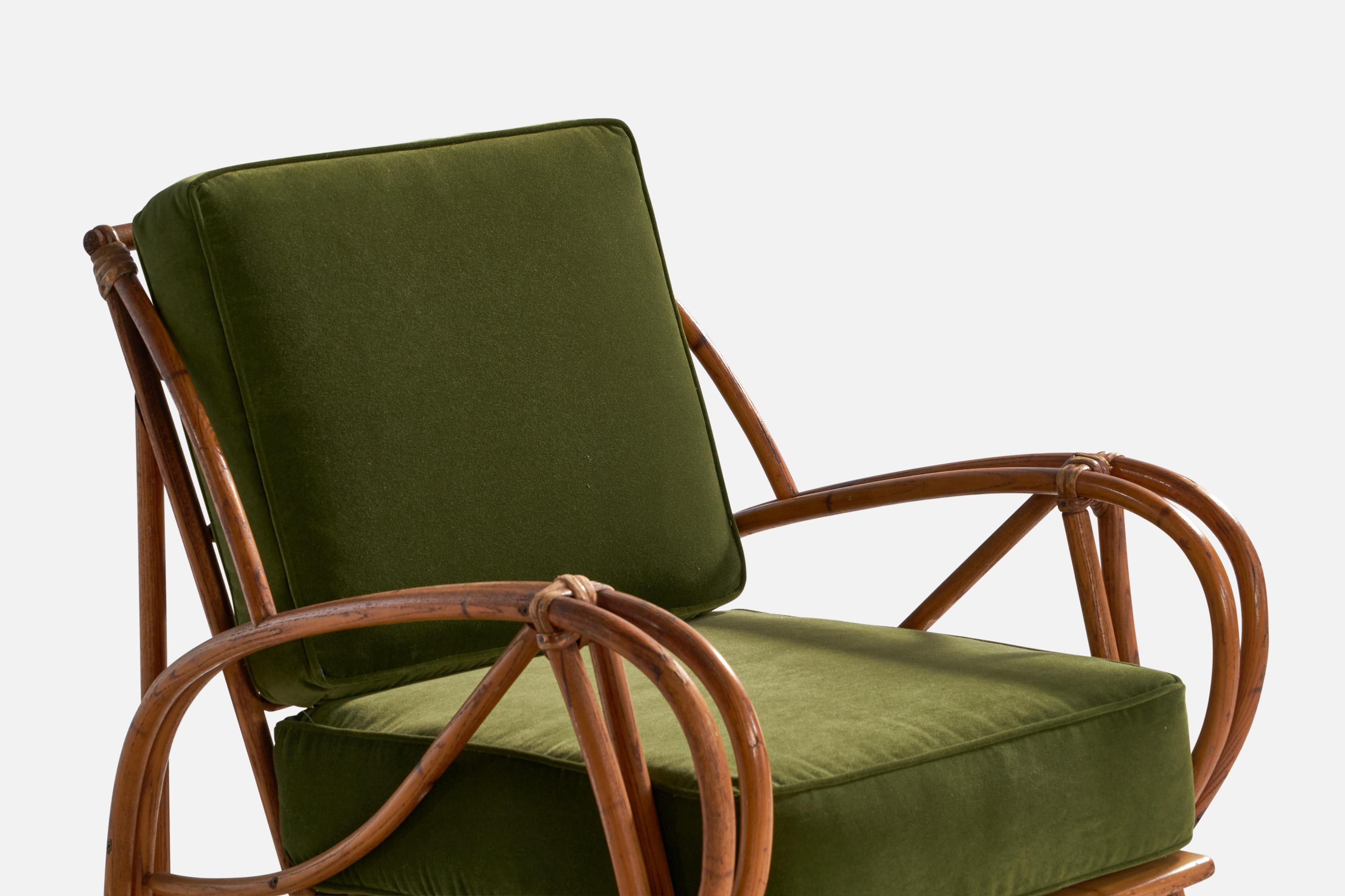 Heywood-Wakefield, Lounge Chairs, Bamboo, Rattan, Velvet, USA, 1950s 1