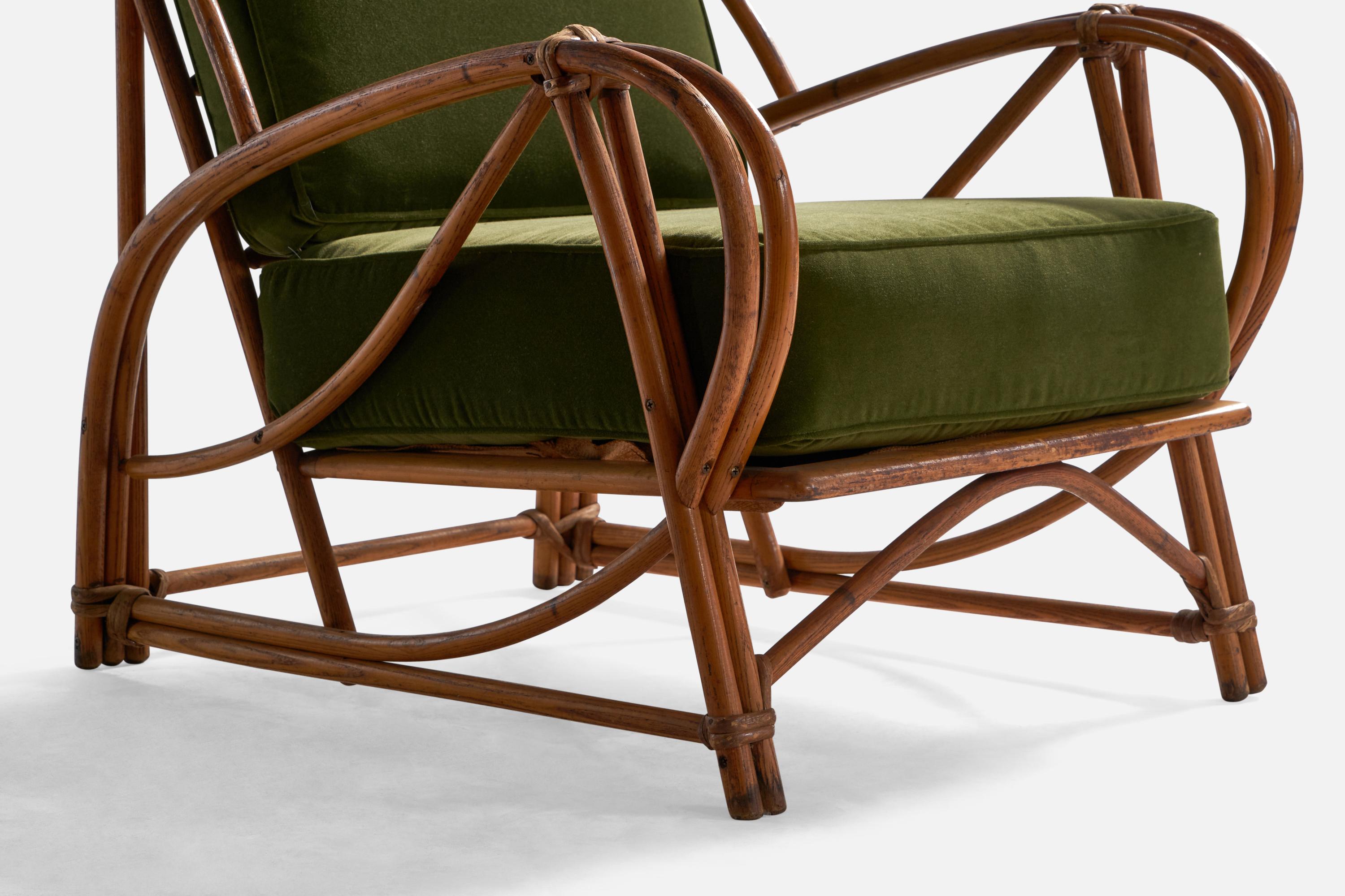 Heywood-Wakefield, Lounge Chairs, Bamboo, Rattan, Velvet, USA, 1950s 2