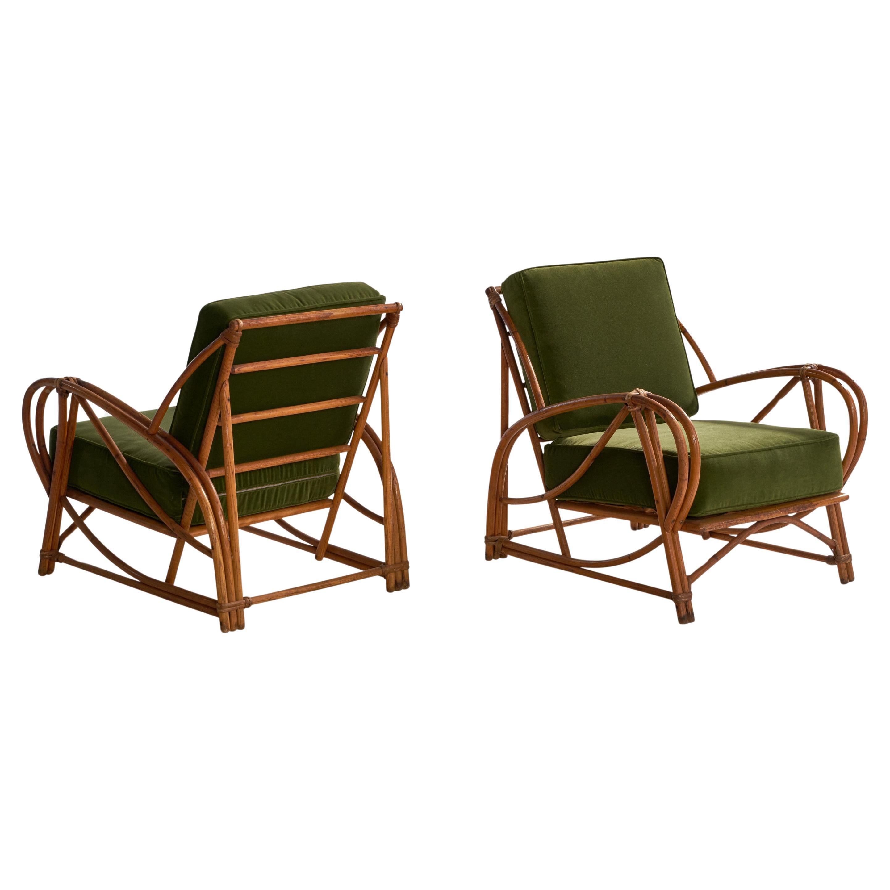 Heywood-Wakefield, Lounge Chairs, Bamboo, Rattan, Velvet, USA, 1950s