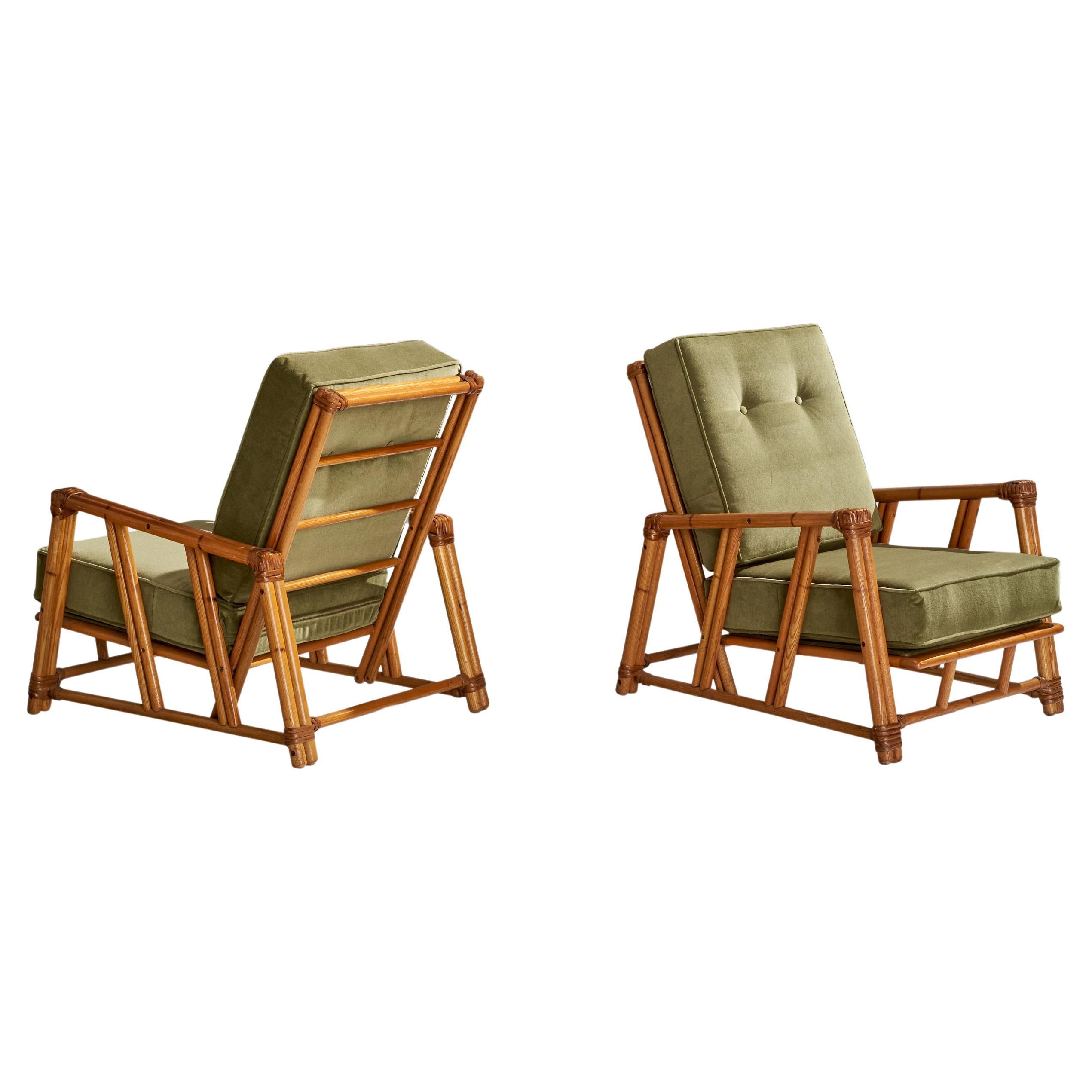 Heywood Wakefield, Lounge Chairs, Oak, Rattan, Velvet, USA, 1950s