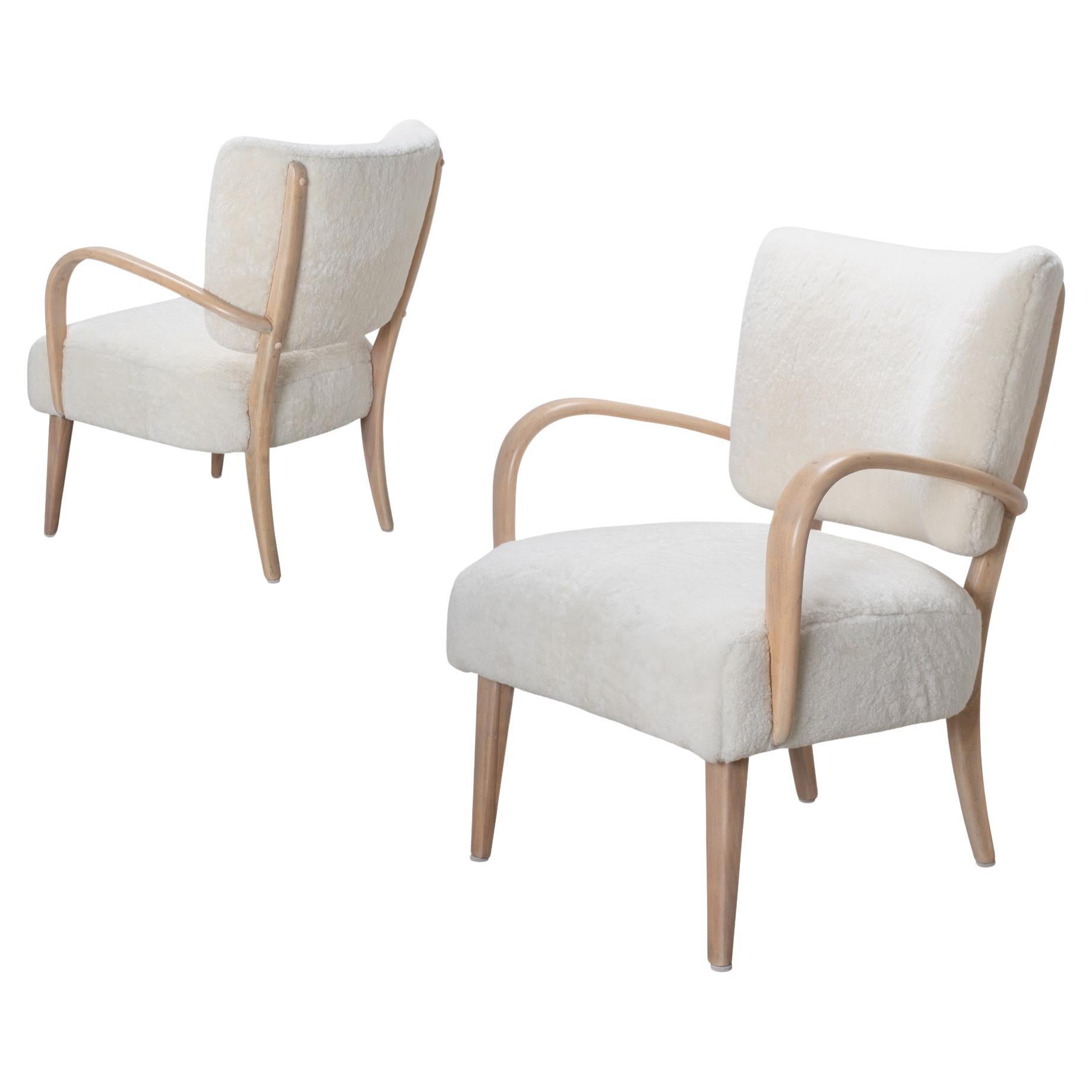 Heywood-Wakefield M340C Lounge Chairs in Shearling Lambswool, Pair
