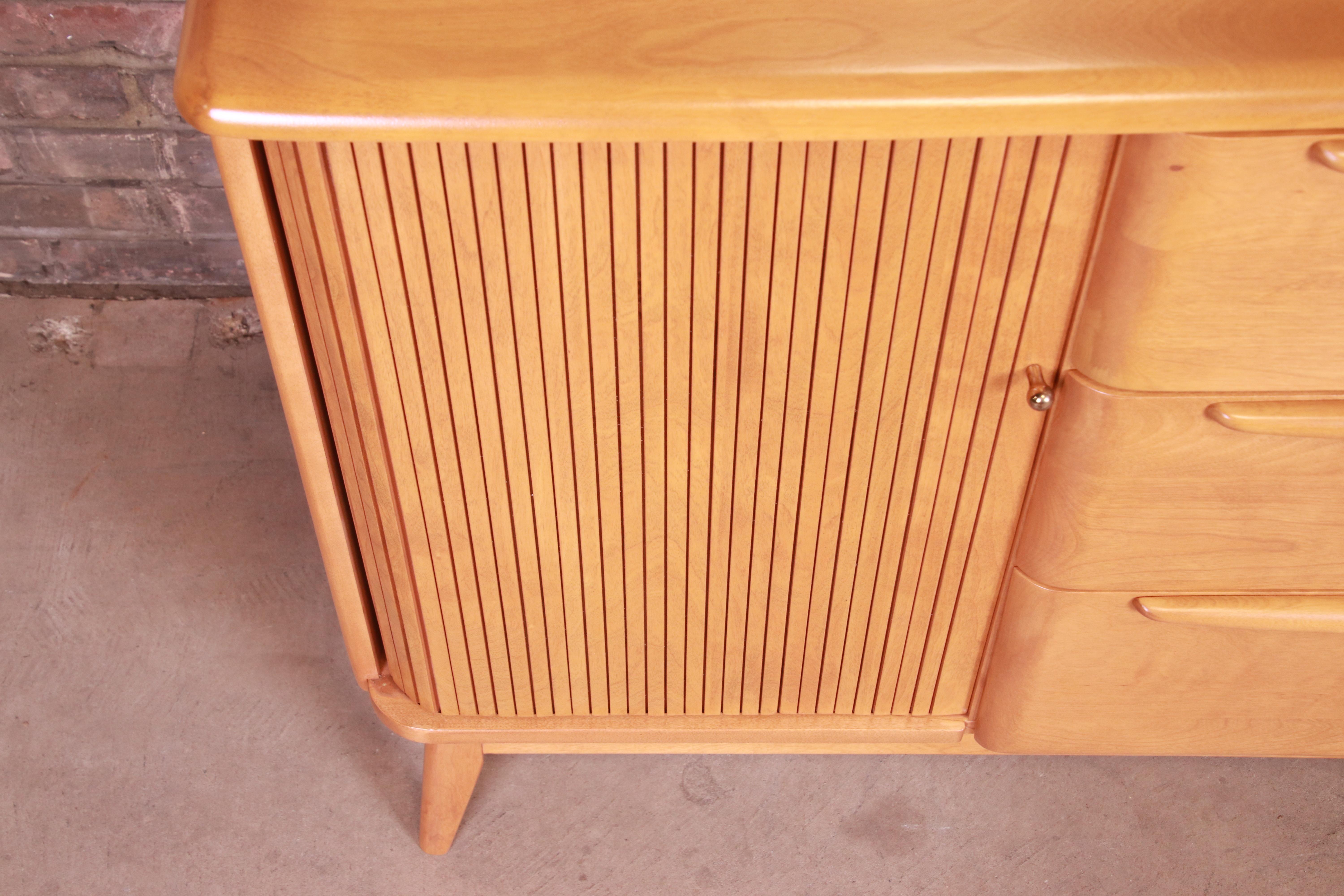 Heywood Wakefield Maple Tambour Door Credenza with Hutch Top, Newly Refinished 4