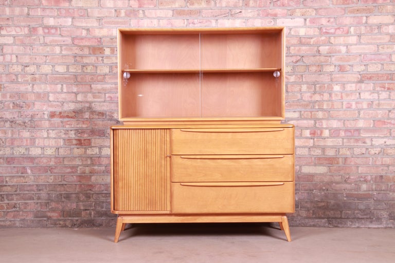 Heywood Wakefield Maple Tambour Door Credenza with Hutch Top