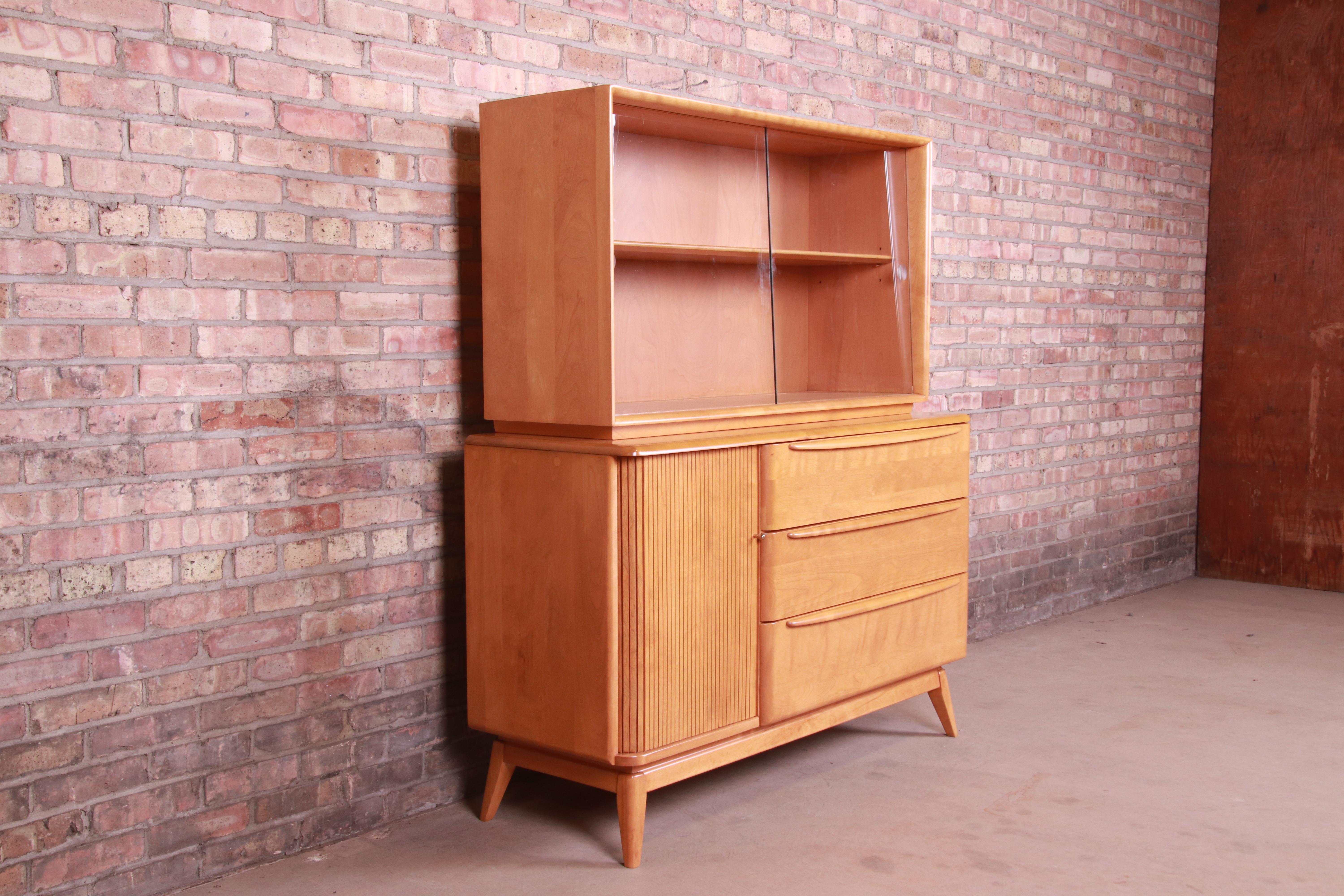 Mid-Century Modern Heywood Wakefield Maple Tambour Door Credenza with Hutch Top, Newly Refinished