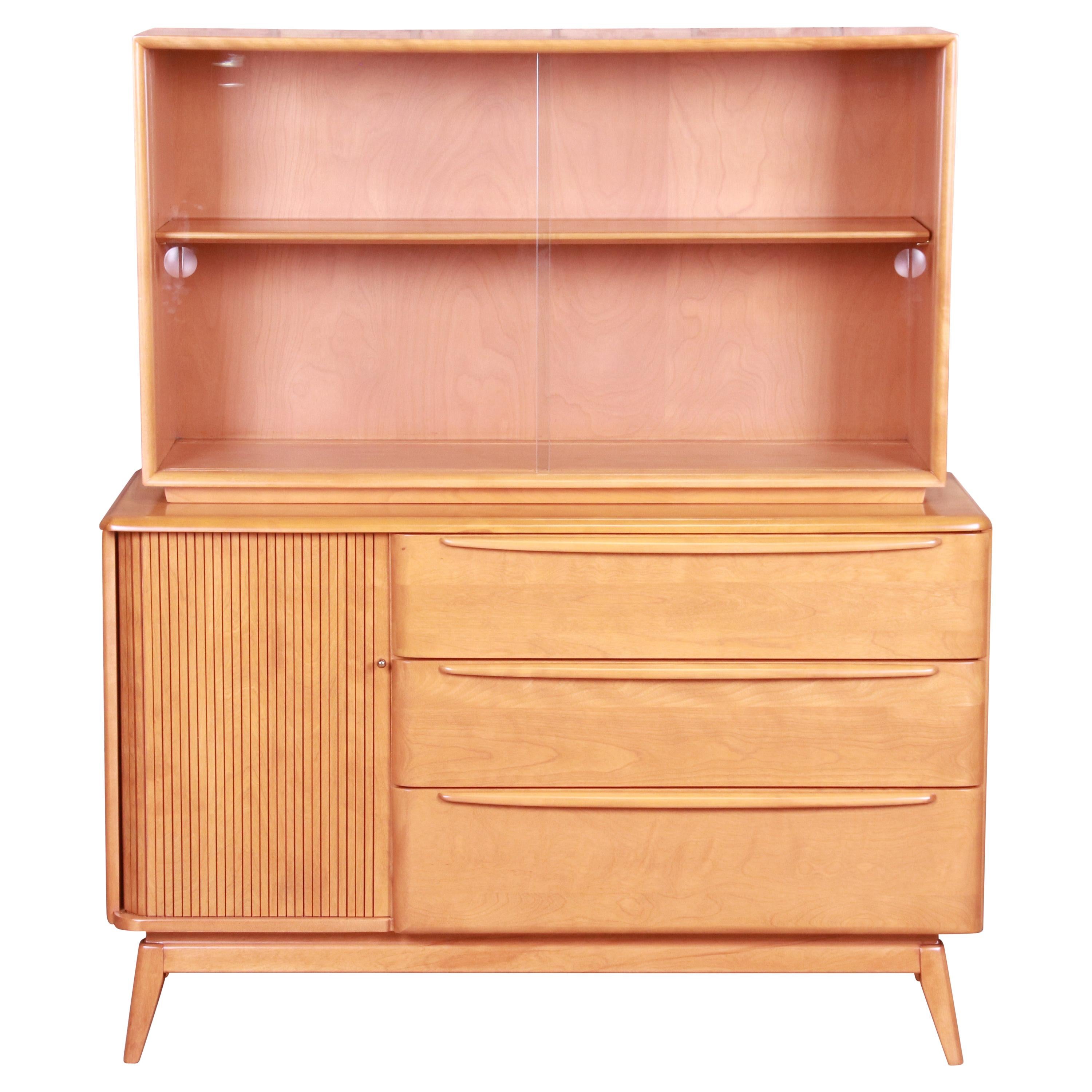 Heywood Wakefield Maple Tambour Door Credenza with Hutch Top, Newly Refinished
