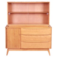 Retro Heywood Wakefield Maple Tambour Door Credenza with Hutch Top, Newly Refinished
