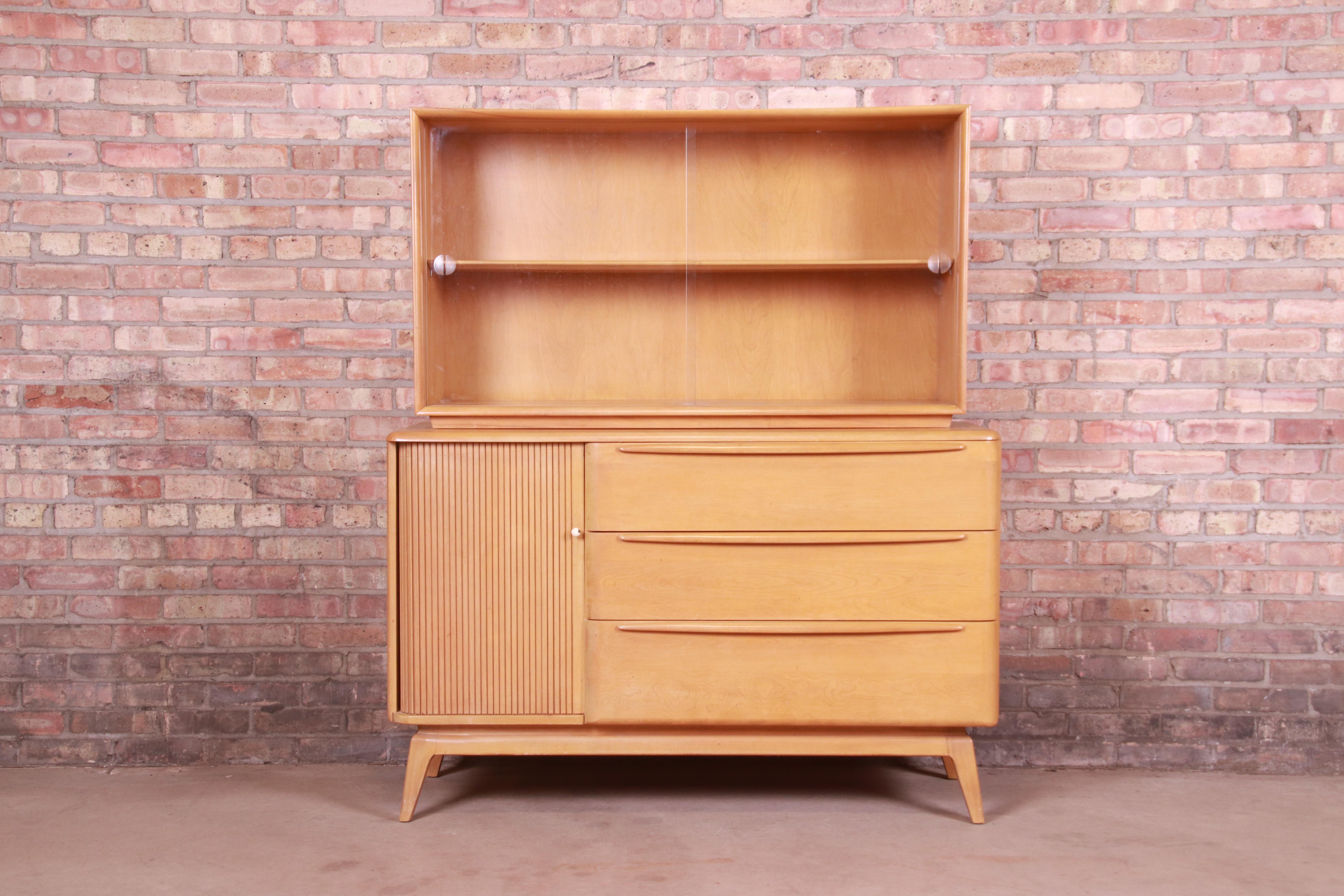 American Heywood Wakefield Maple Tambour Door Sideboard Credenza with Hutch Top, 1950s