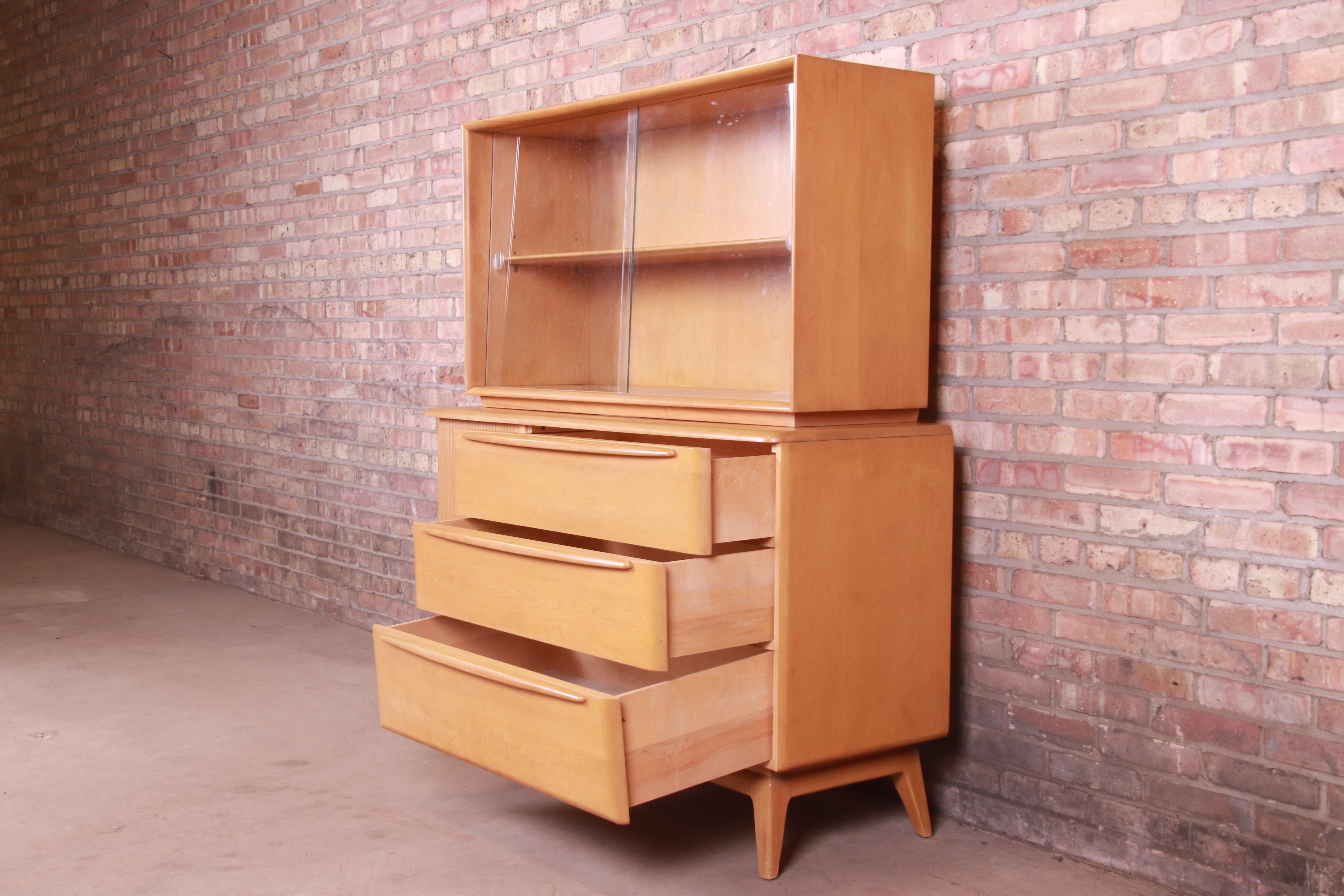 Glass Heywood Wakefield Maple Tambour Door Sideboard Credenza with Hutch Top, 1950s