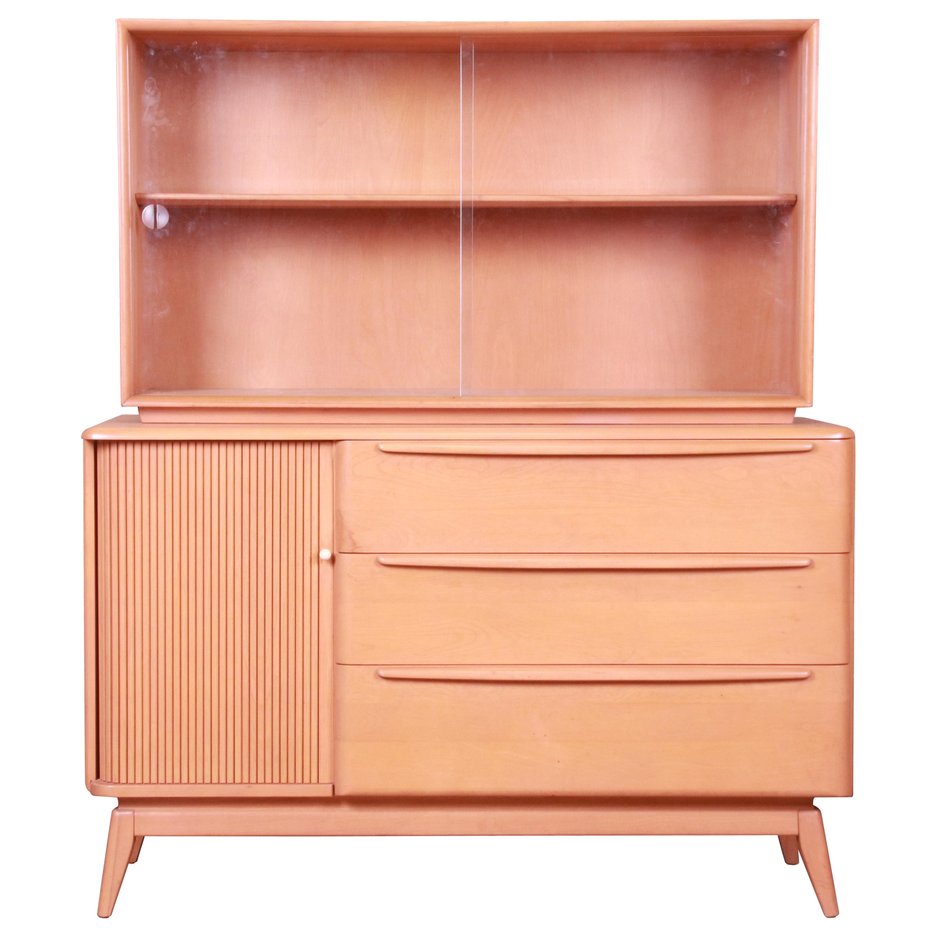 Heywood Wakefield Maple Tambour Door Sideboard Credenza with Hutch Top, 1957