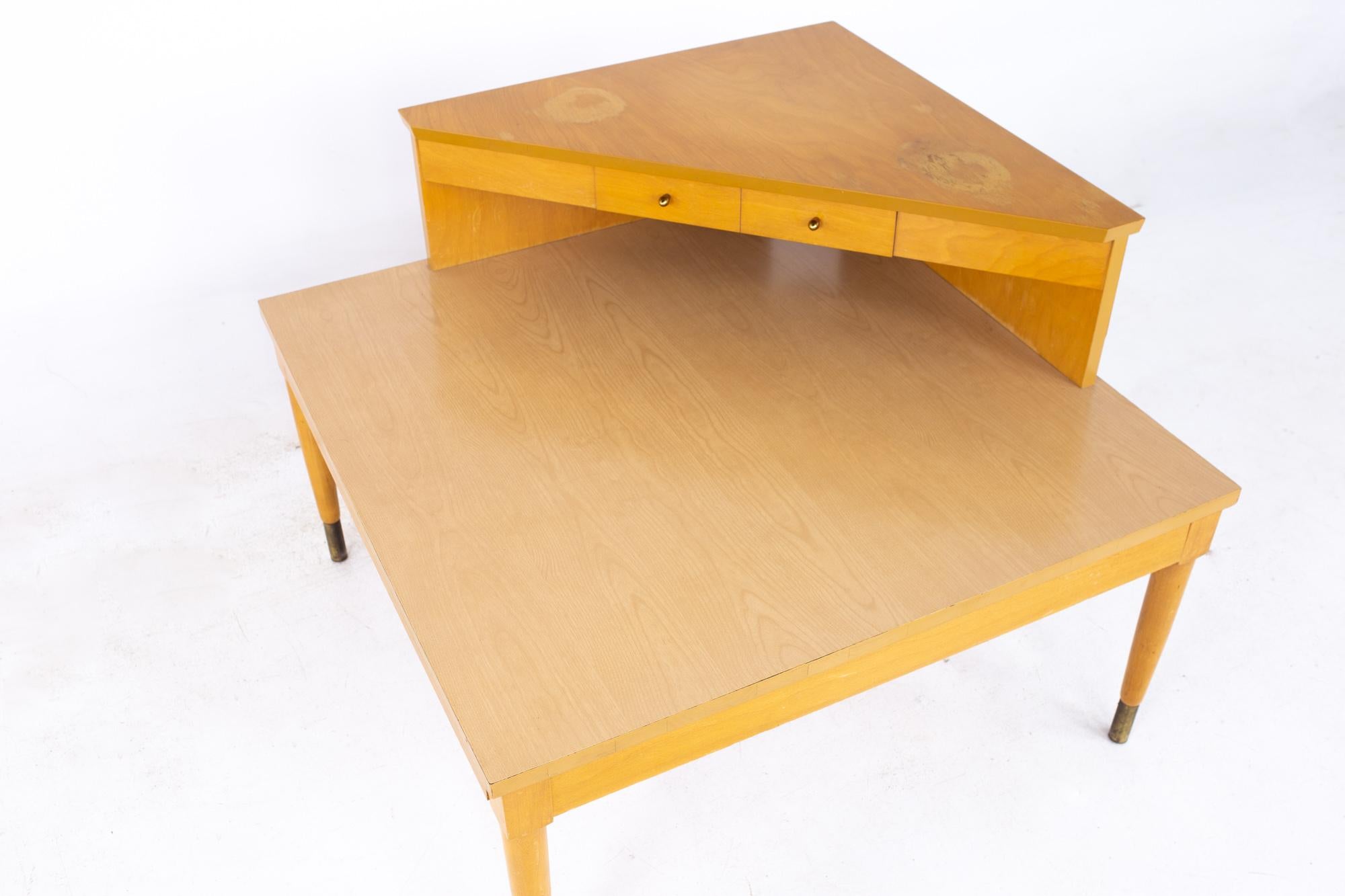 American Heywood Wakefield Mid Century 2 Tier Corner Table with Drawer For Sale