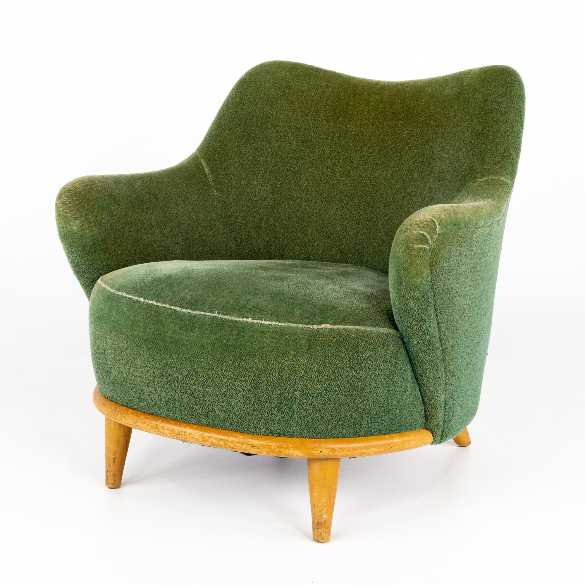 Mid-Century Modern Heywood Wakefield Mid Century Green Velvet Upholstered Tub Lounge Chair