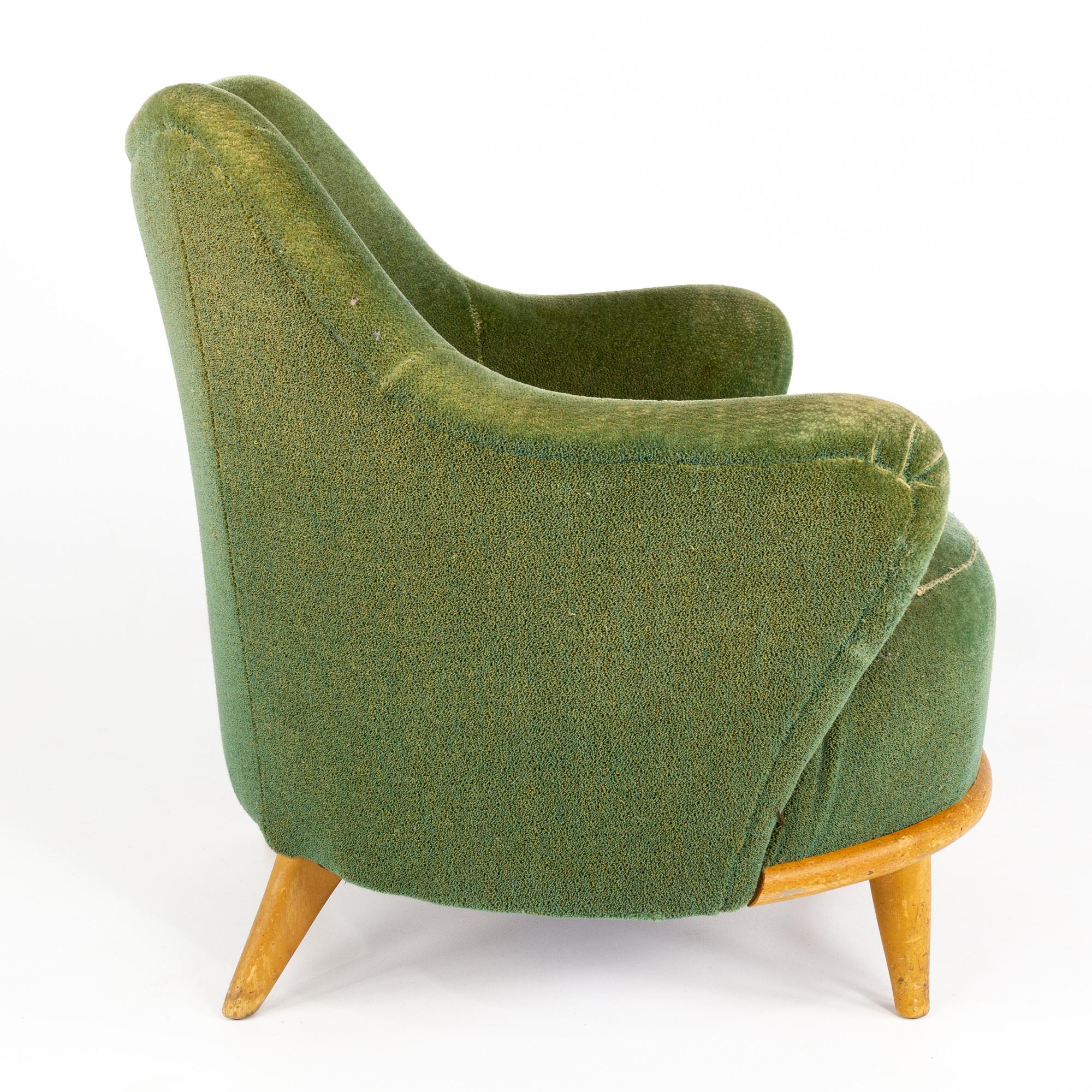 American Heywood Wakefield Mid Century Green Velvet Upholstered Tub Lounge Chair