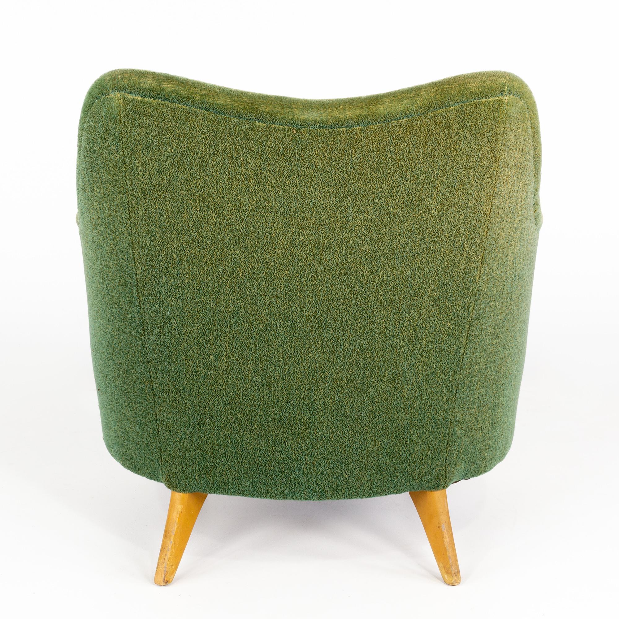 Heywood Wakefield Mid Century Green Velvet Upholstered Tub Lounge Chair In Good Condition In Countryside, IL