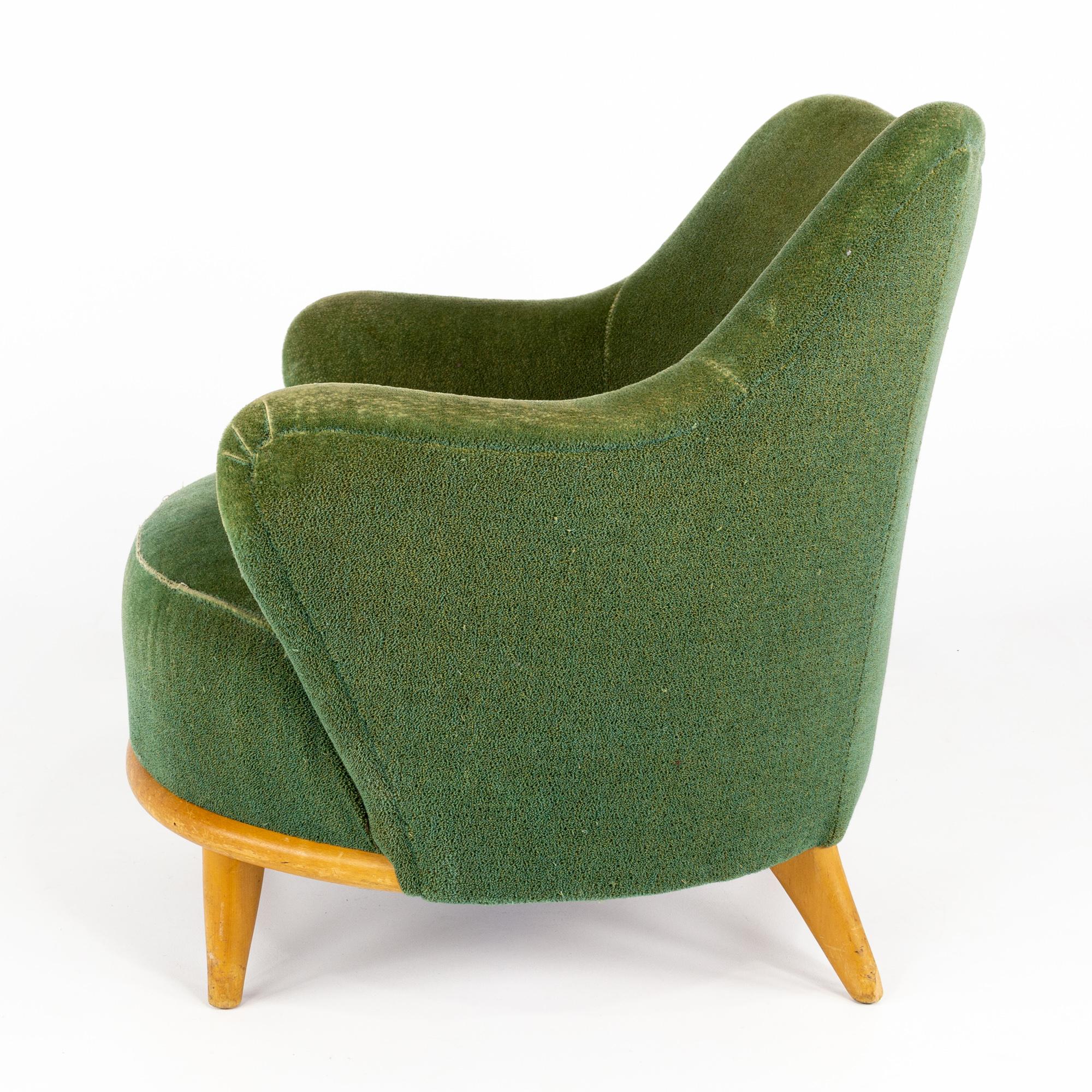 Late 20th Century Heywood Wakefield Mid Century Green Velvet Upholstered Tub Lounge Chair
