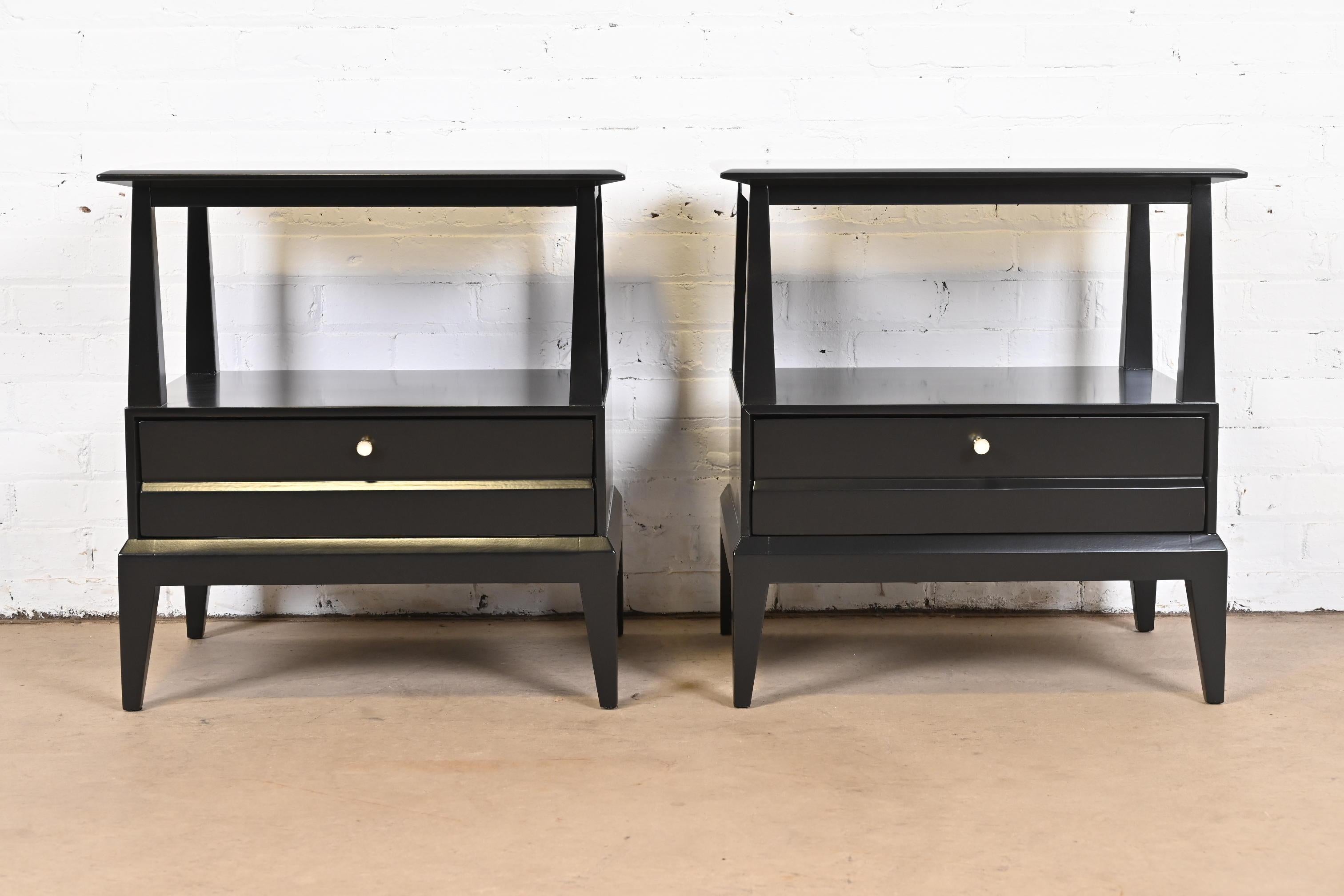 American Heywood Wakefield Mid-Century Modern Black Lacquered Nightstands, Refinished