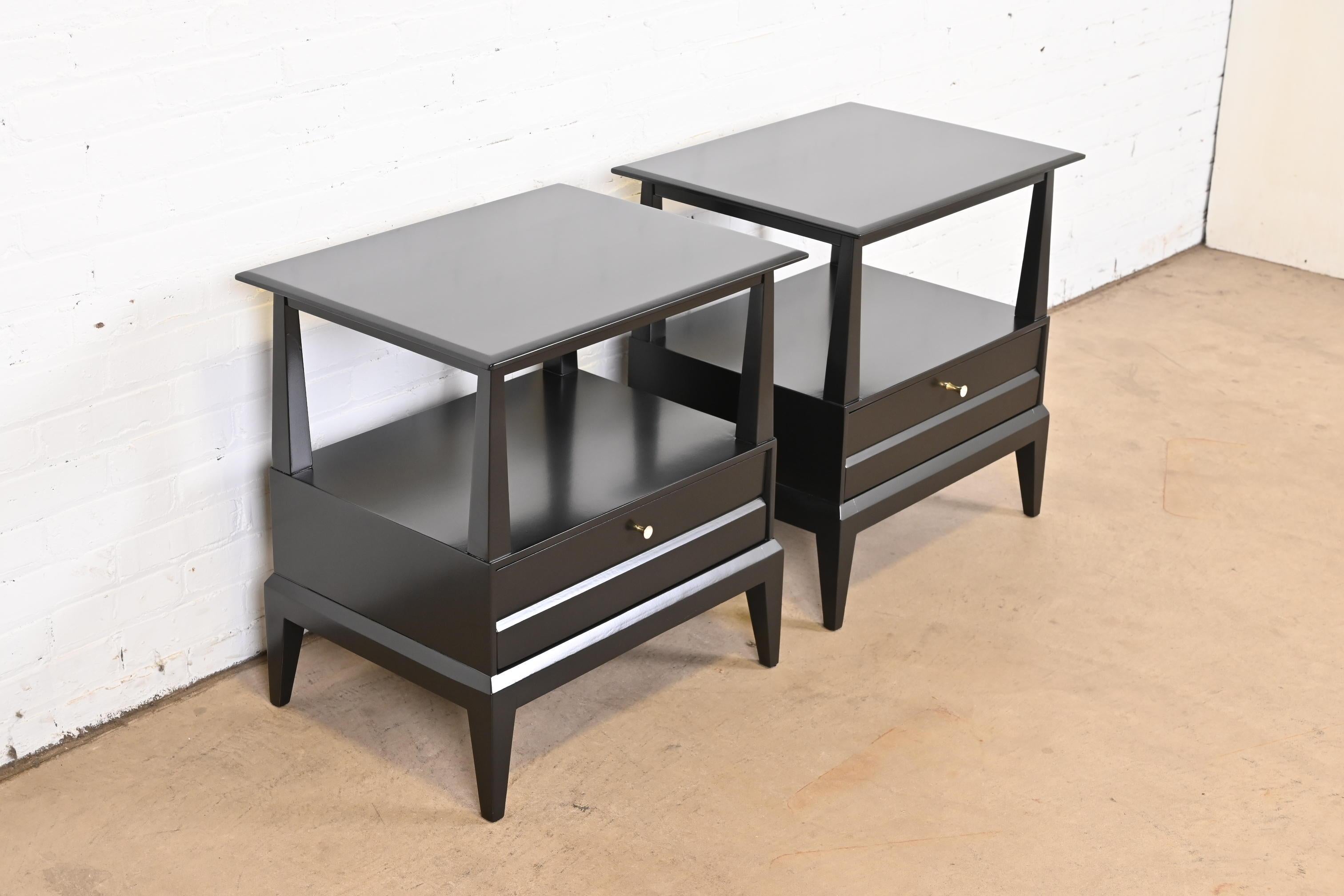 Brass Heywood Wakefield Mid-Century Modern Black Lacquered Nightstands, Refinished