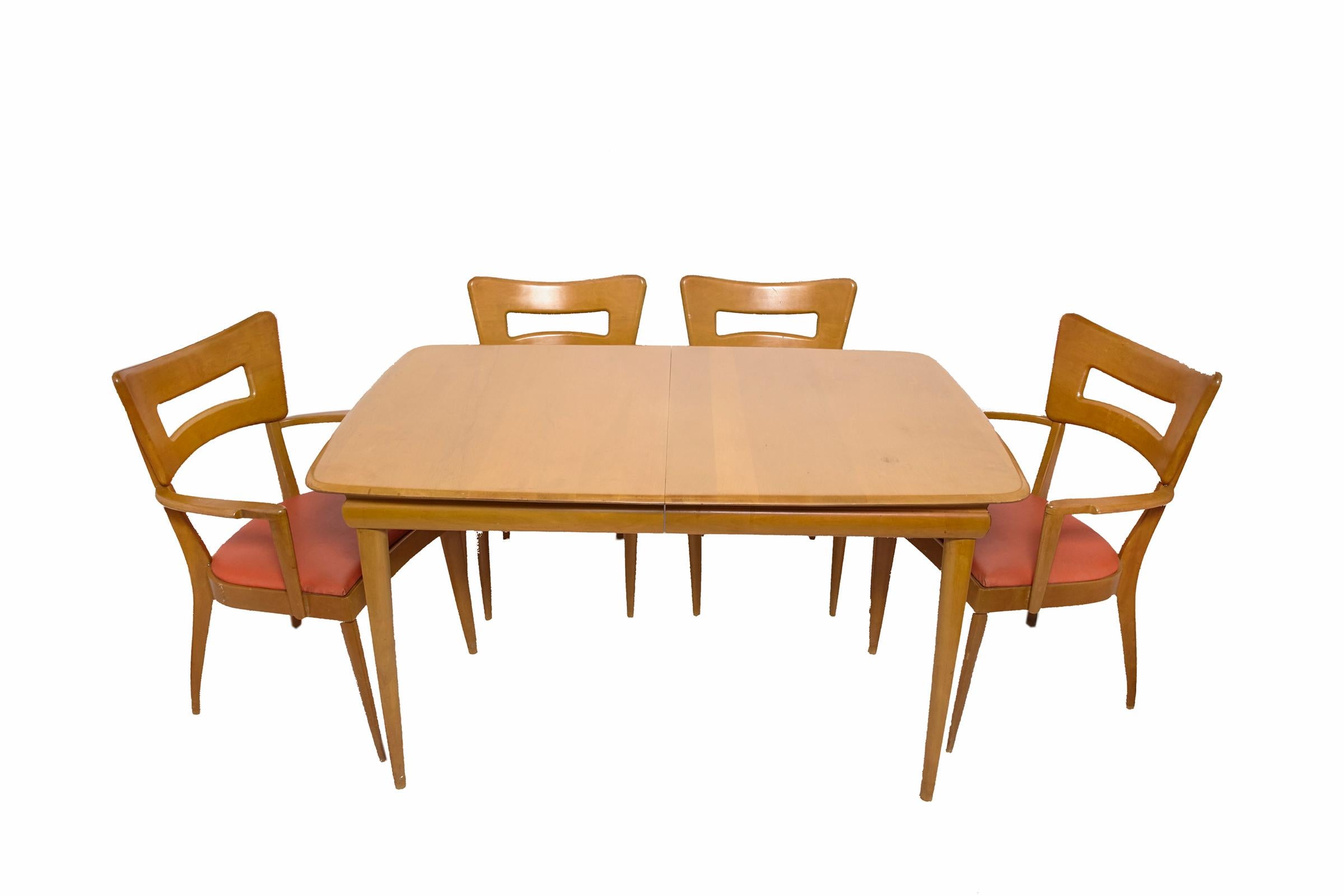 American Heywood Wakefield Mid-Century Modern Extension Dining Table, 6 Dogbone Chairs