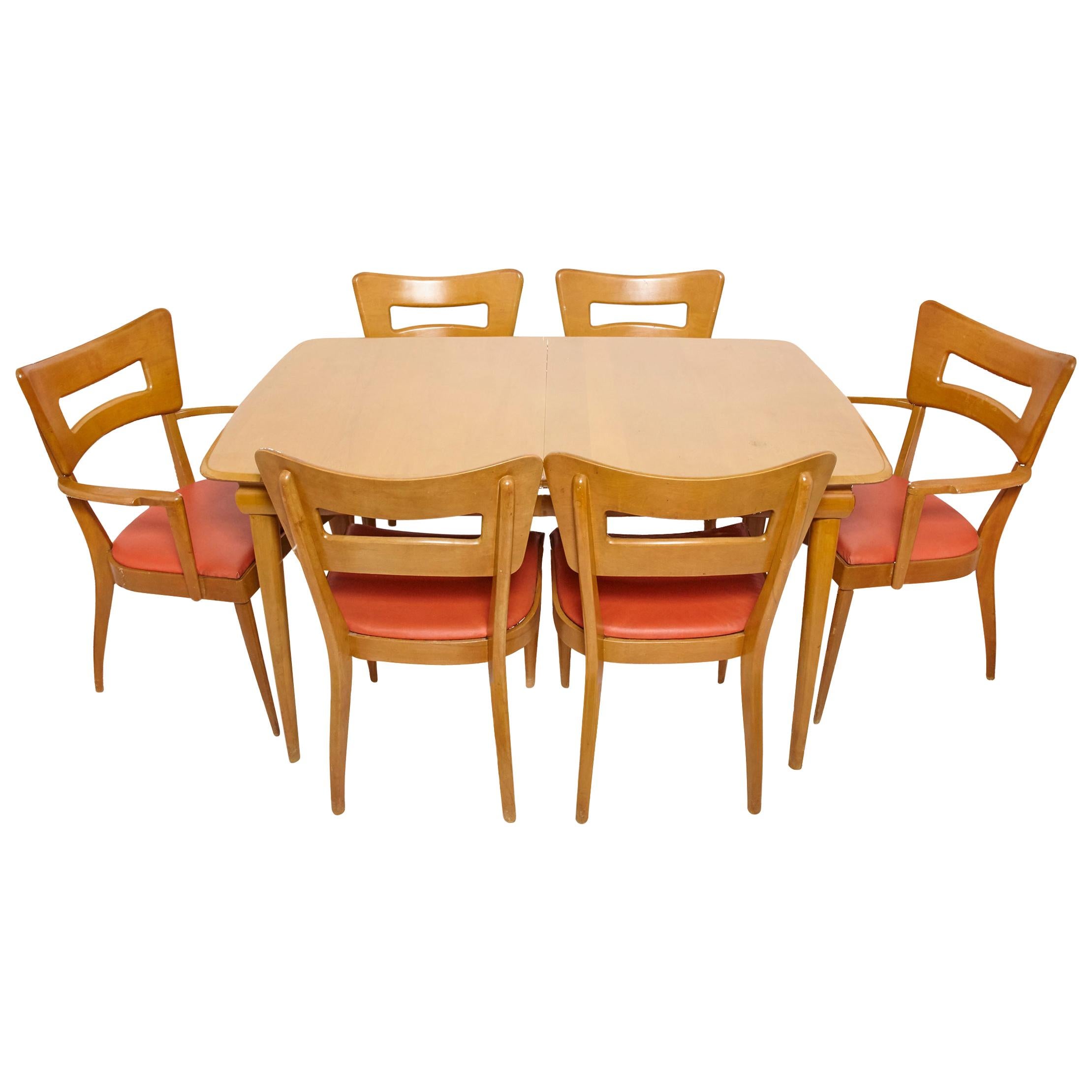 Heywood Wakefield Mid-Century Modern Extension Dining Table, 6 Dogbone Chairs