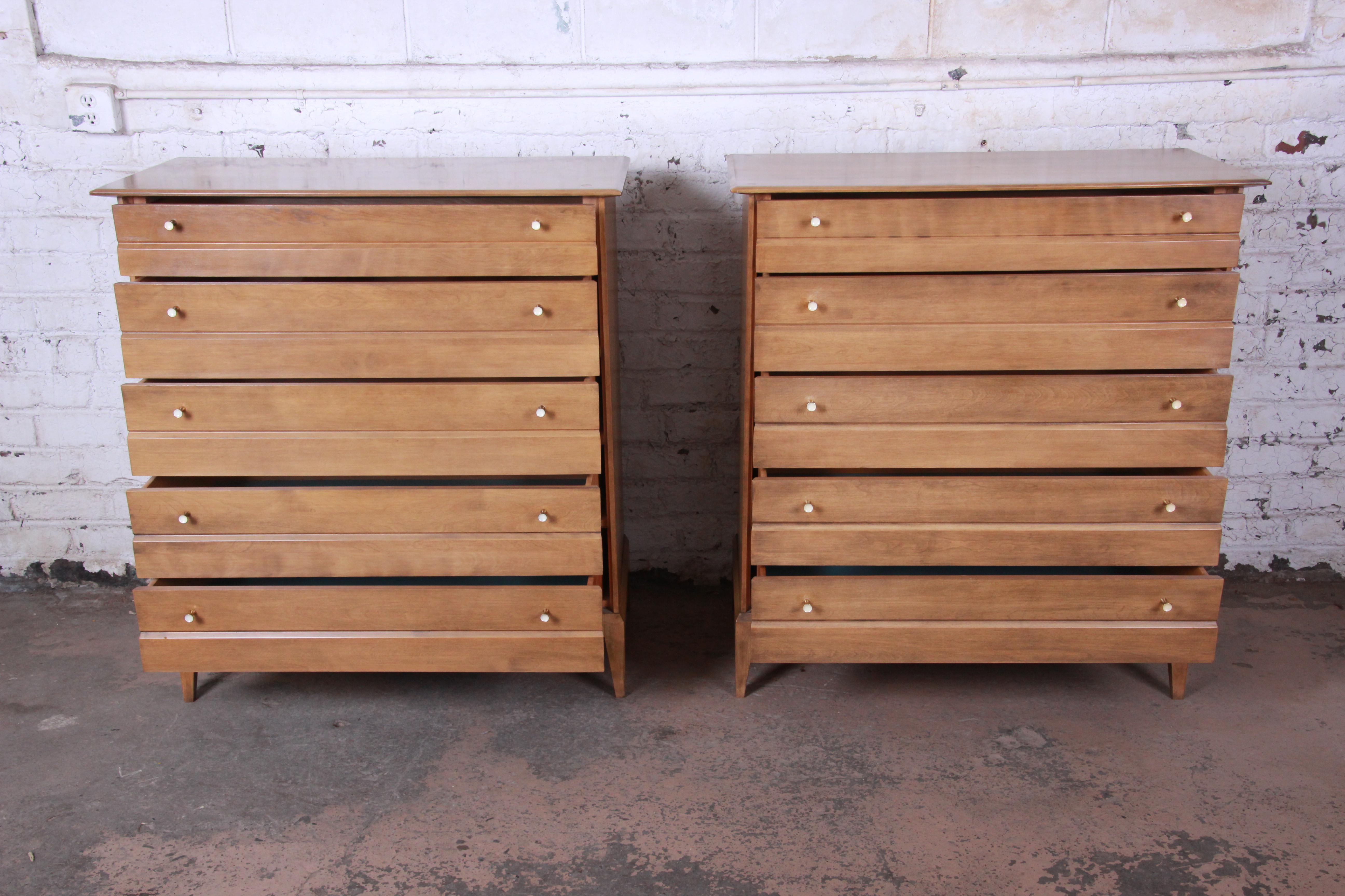 American Heywood Wakefield Mid-Century Modern Highboy Dressers, Pair