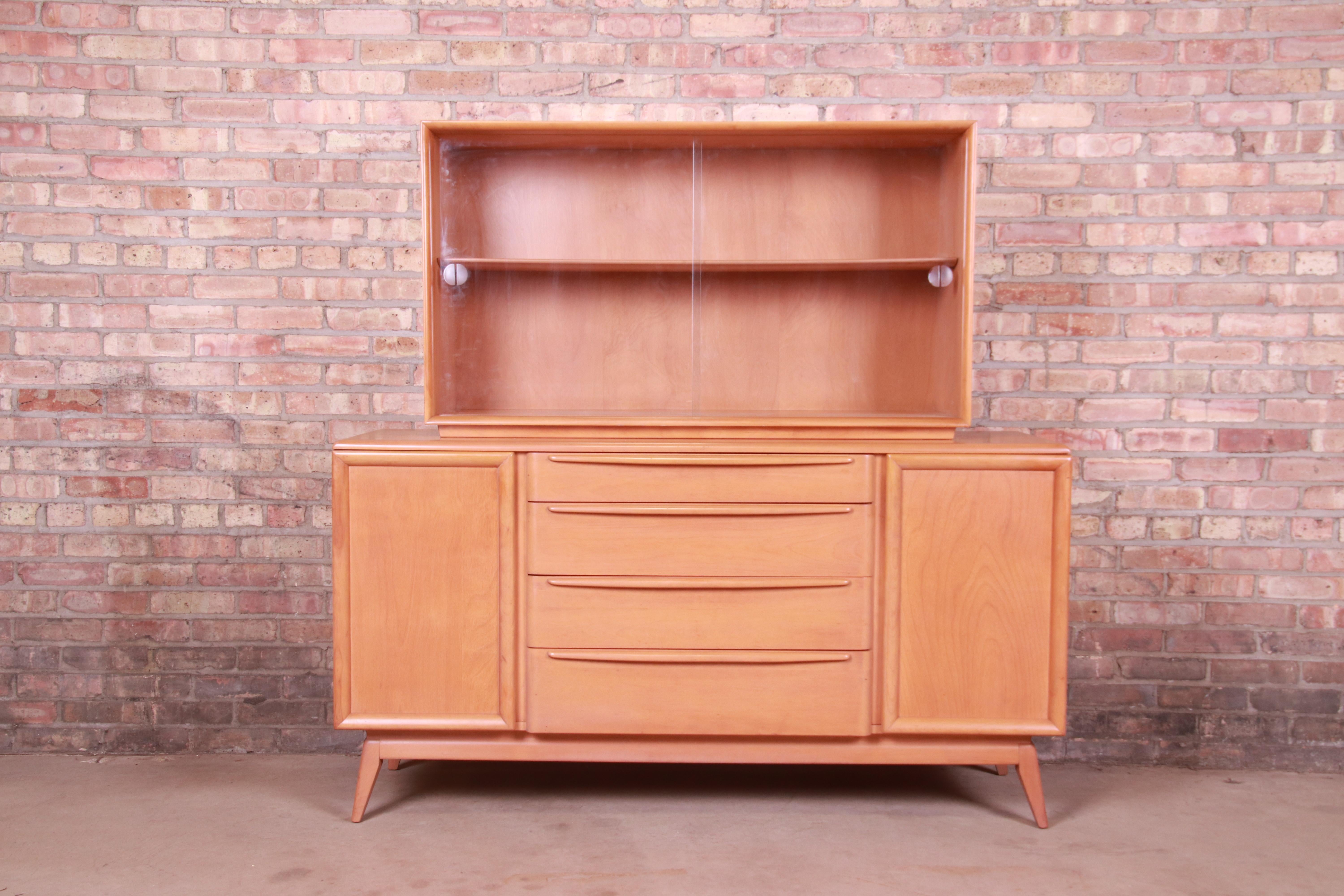 American Heywood Wakefield Mid-Century Modern Maple Sideboard Credenza with Hutch Top