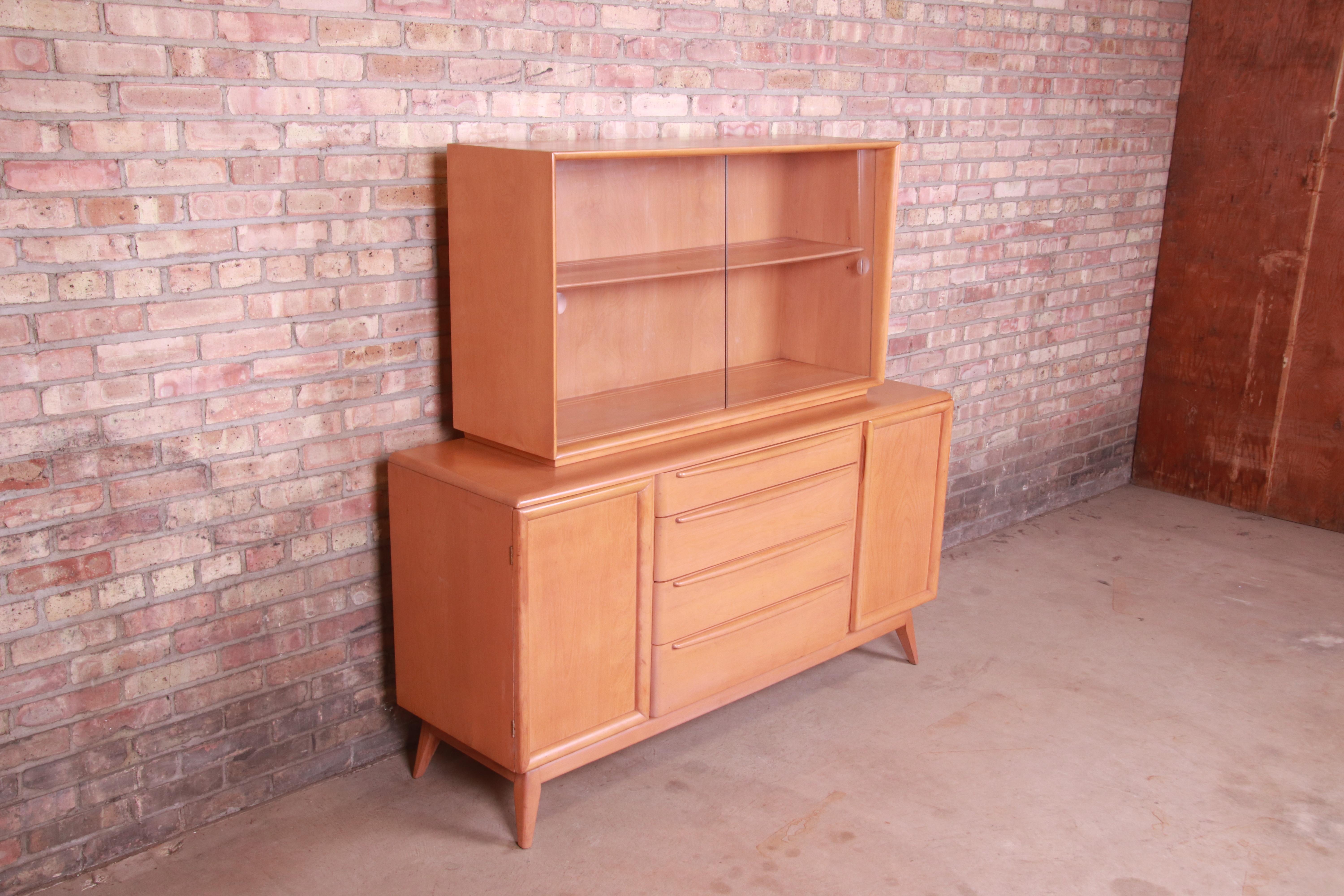 Glass Heywood Wakefield Mid-Century Modern Maple Sideboard Credenza with Hutch Top