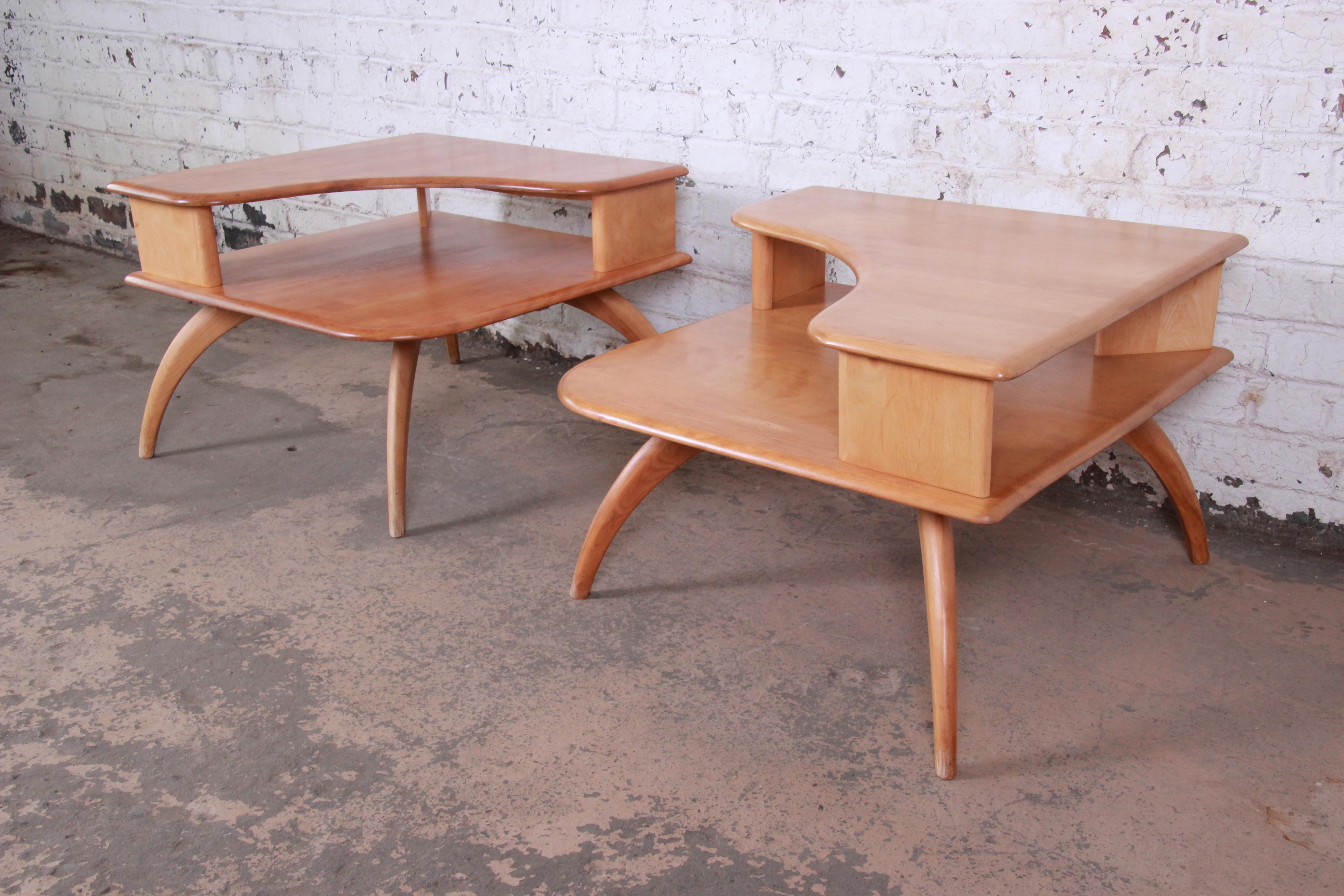 American Heywood Wakefield Mid-Century Modern Solid Maple Corner End Tables, Pair