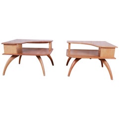 Heywood Wakefield Mid-Century Modern Solid Maple Corner End Tables, Pair
