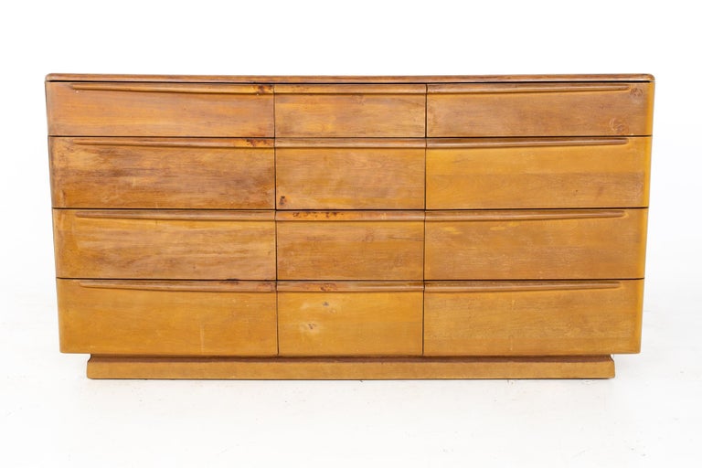 Heywood Wakefield Mid Century Solid Wood 12 Drawer Lowboy Dresser at