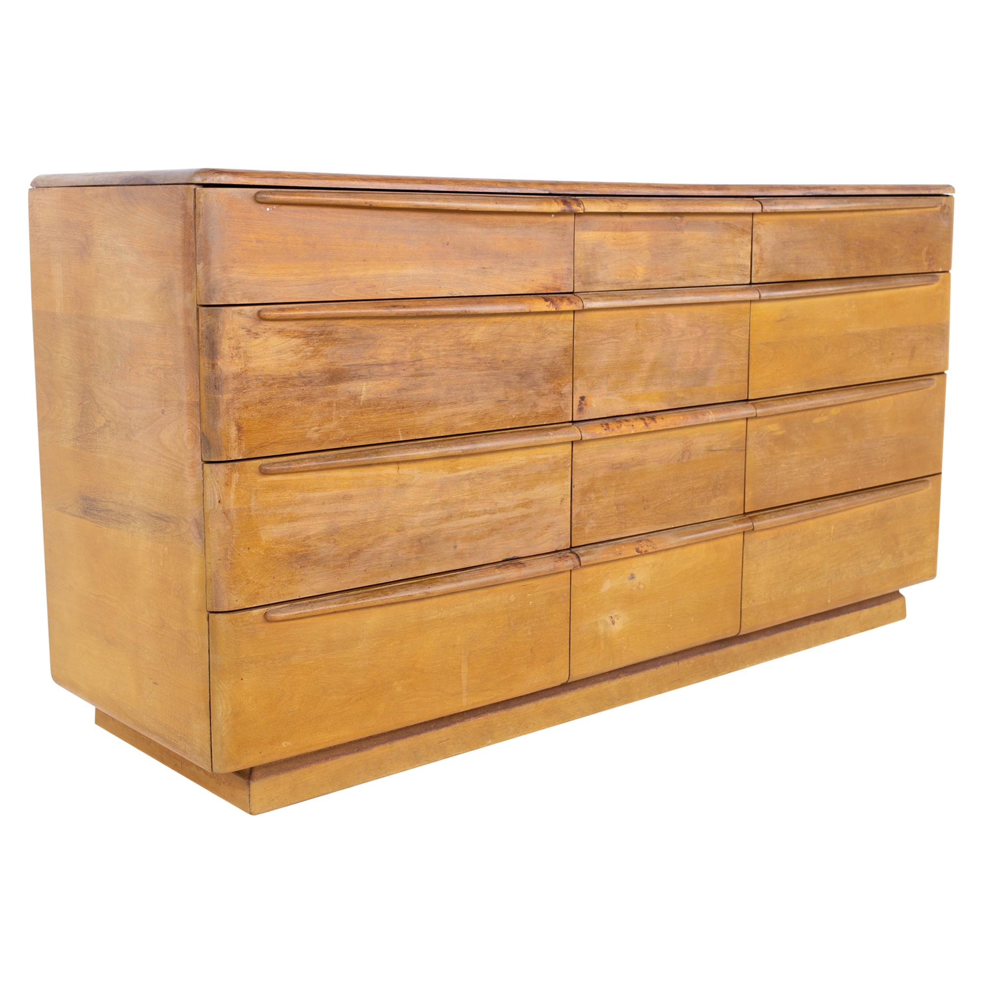 Heywood Wakefield Mid Century Solid Wood 12 Drawer Lowboy Dresser