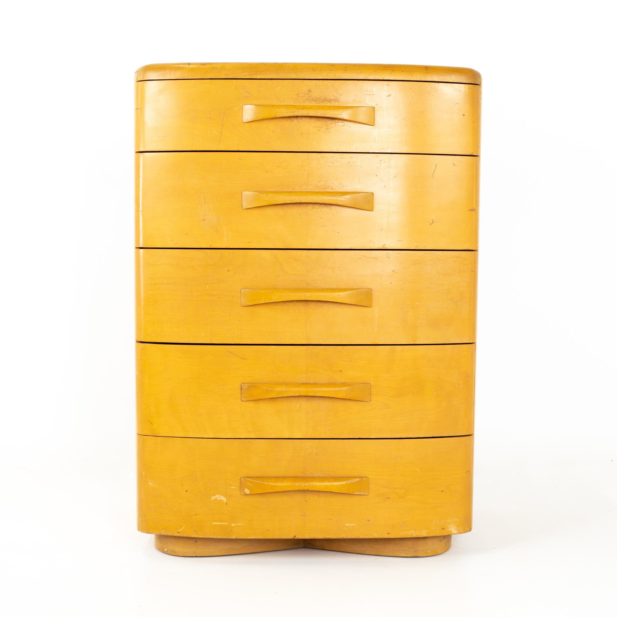 Heywood Wakefield Mid Century blonde solid wood 5 drawer highboy dresser
Dresser measures: 33 wide x 20 deep x 47 inches high

All pieces of furniture can be had in what we call restored vintage condition. This means the piece is restored upon