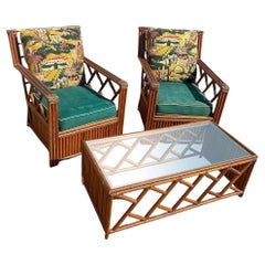 Heywood Wakefield "Oak Rattan" Lounge Chair Pair w/ Coffee Table