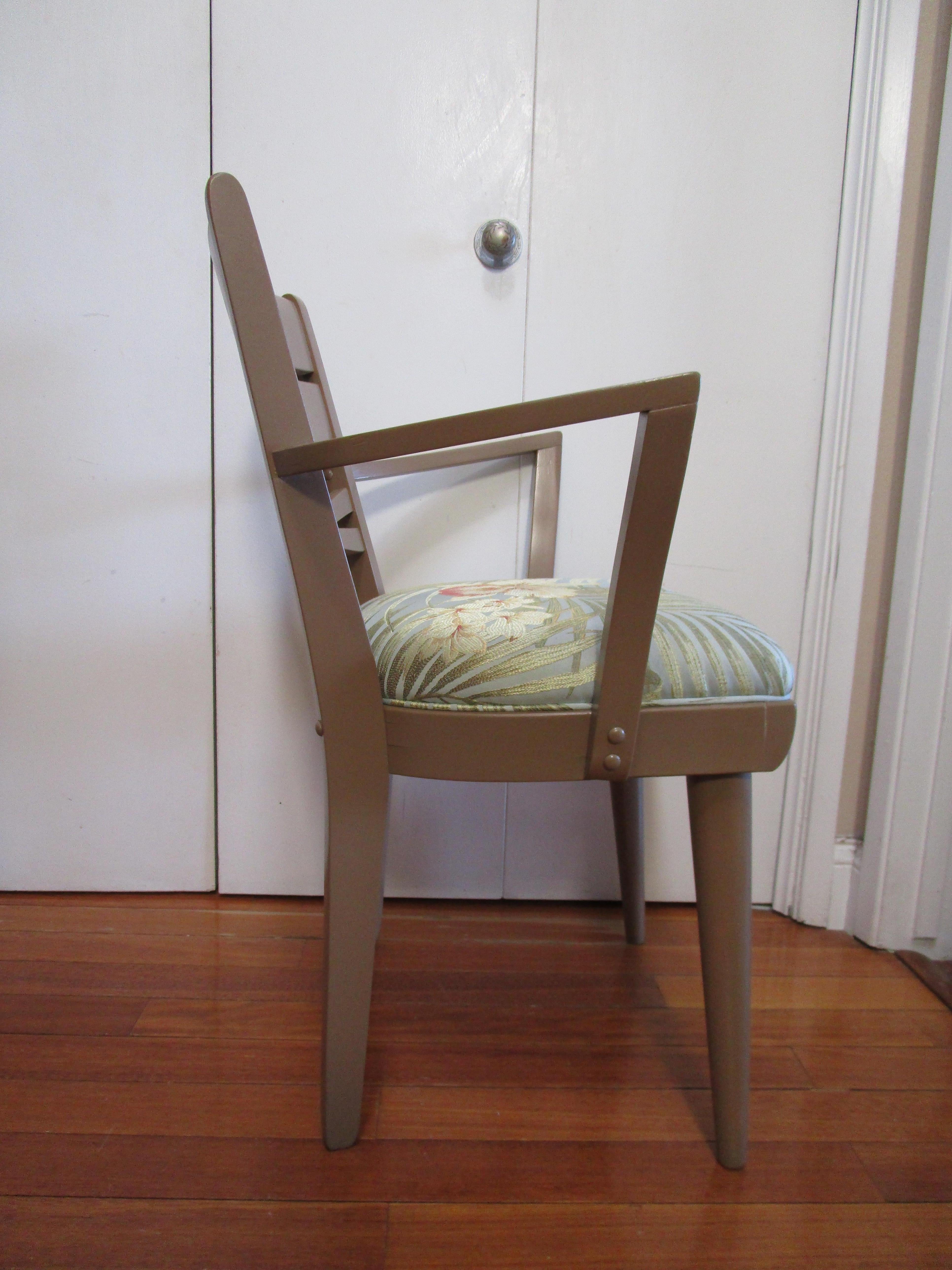 American Heywood Wakefield Painted Mid-Century Modern Armchair in Orchid Pattern Silk For Sale