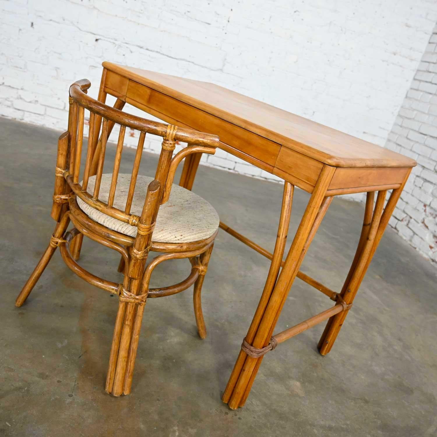 Mid-Century Modern Heywood Wakefield Rattan & Maple Writing Desk & Low Back Chair by Sovereign Furn