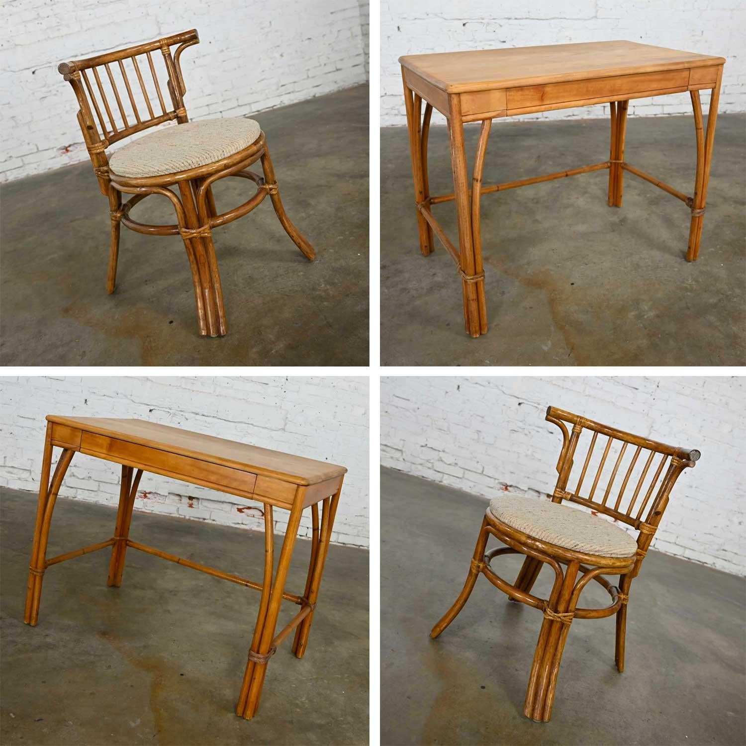 20th Century Heywood Wakefield Rattan & Maple Writing Desk & Low Back Chair by Sovereign Furn