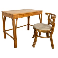 Heywood Wakefield Rattan & Maple Writing Desk & Low Back Chair by Sovereign Furn