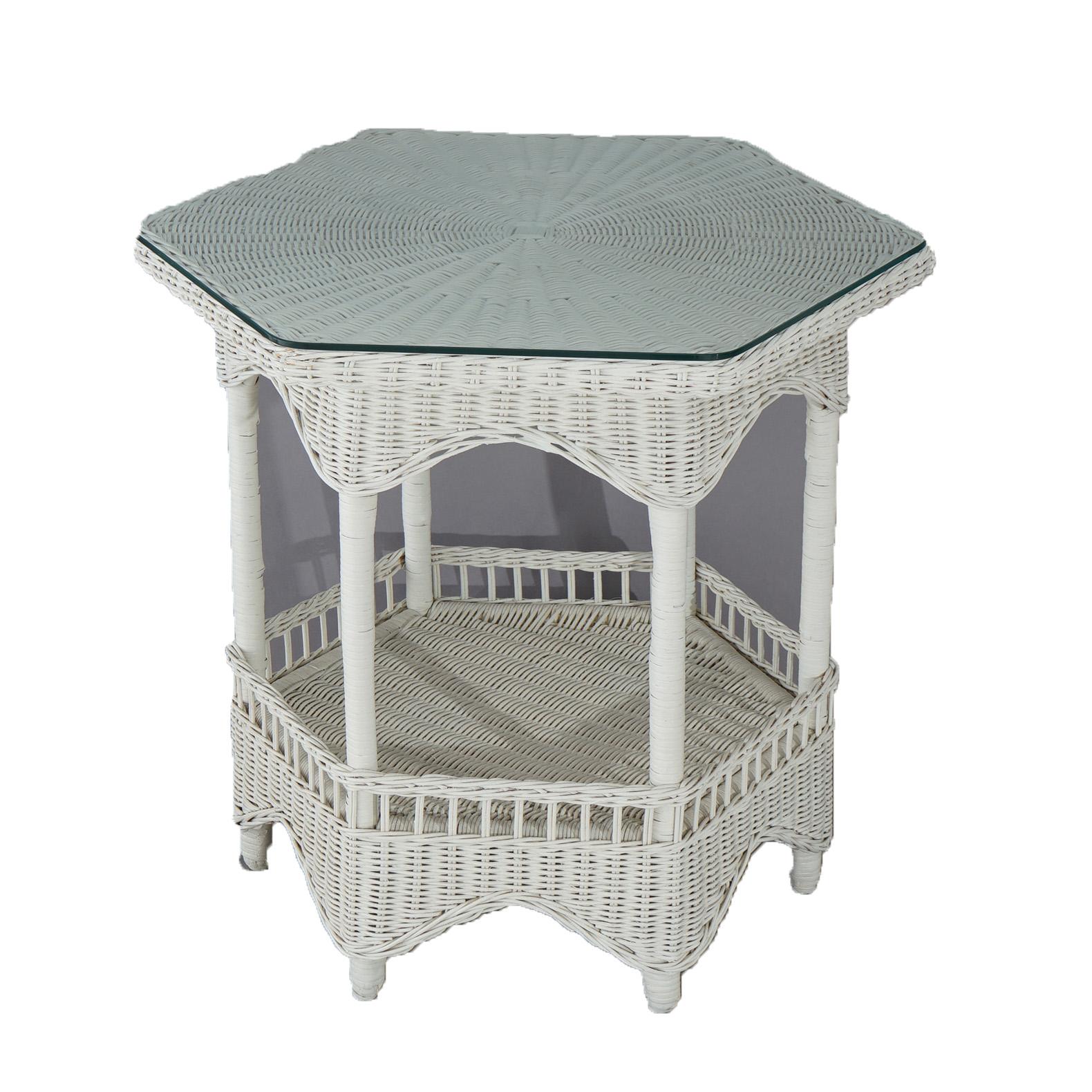 Heywood Wakefield School White Painted Wicker Side Table with Glass Top 20thC

Measures- 24.25''H x 23''W x 23