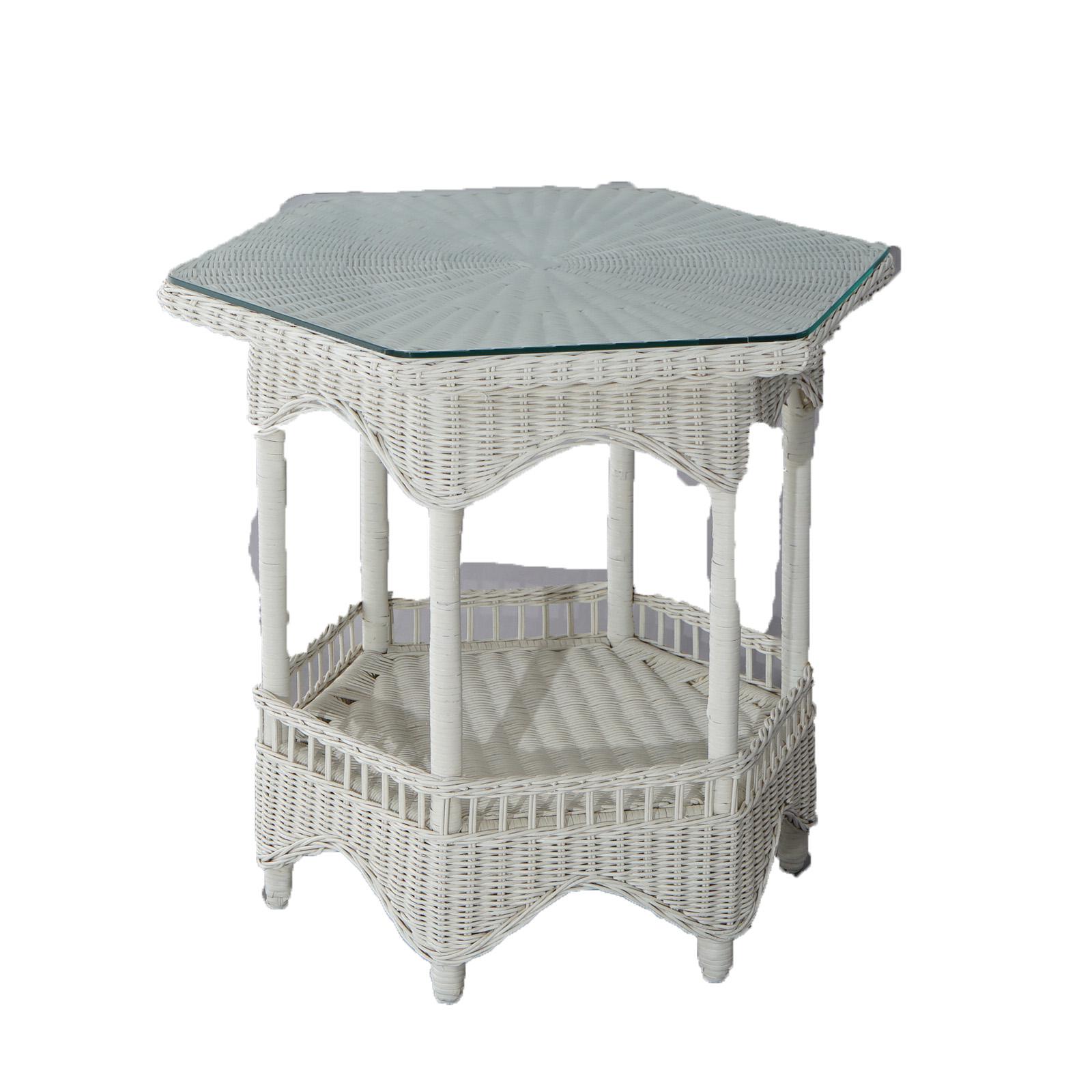 20th Century Heywood Wakefield School White Painted Wicker Table 20thC For Sale