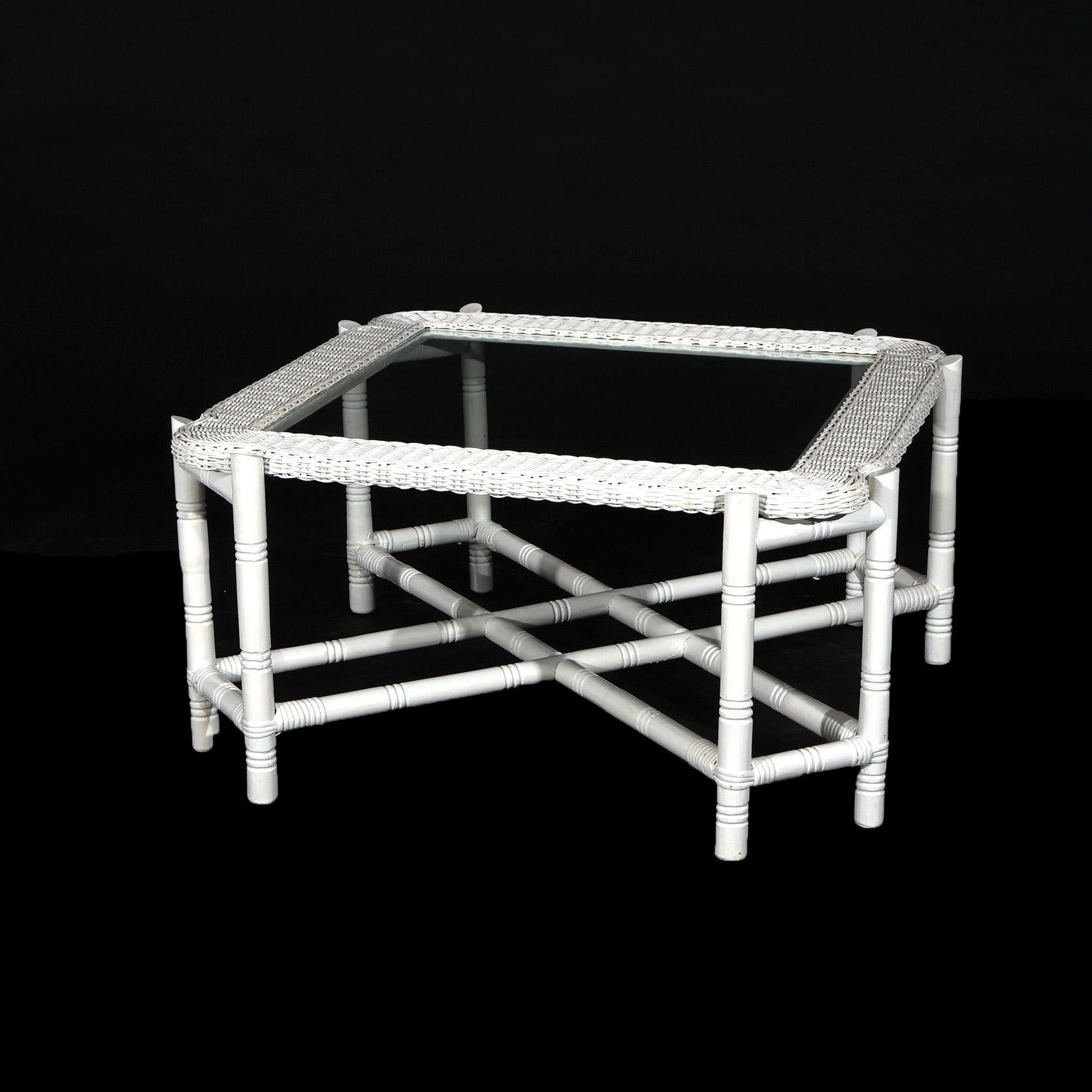 ***Ask About Reduced In-House Shipping Rates - Reliable Service & Fully Insured***
Heywood Wakefield School White Wicker & Glass Top Coffee Table 20thC

Measures- 19''H x 38''W x 28.5''D