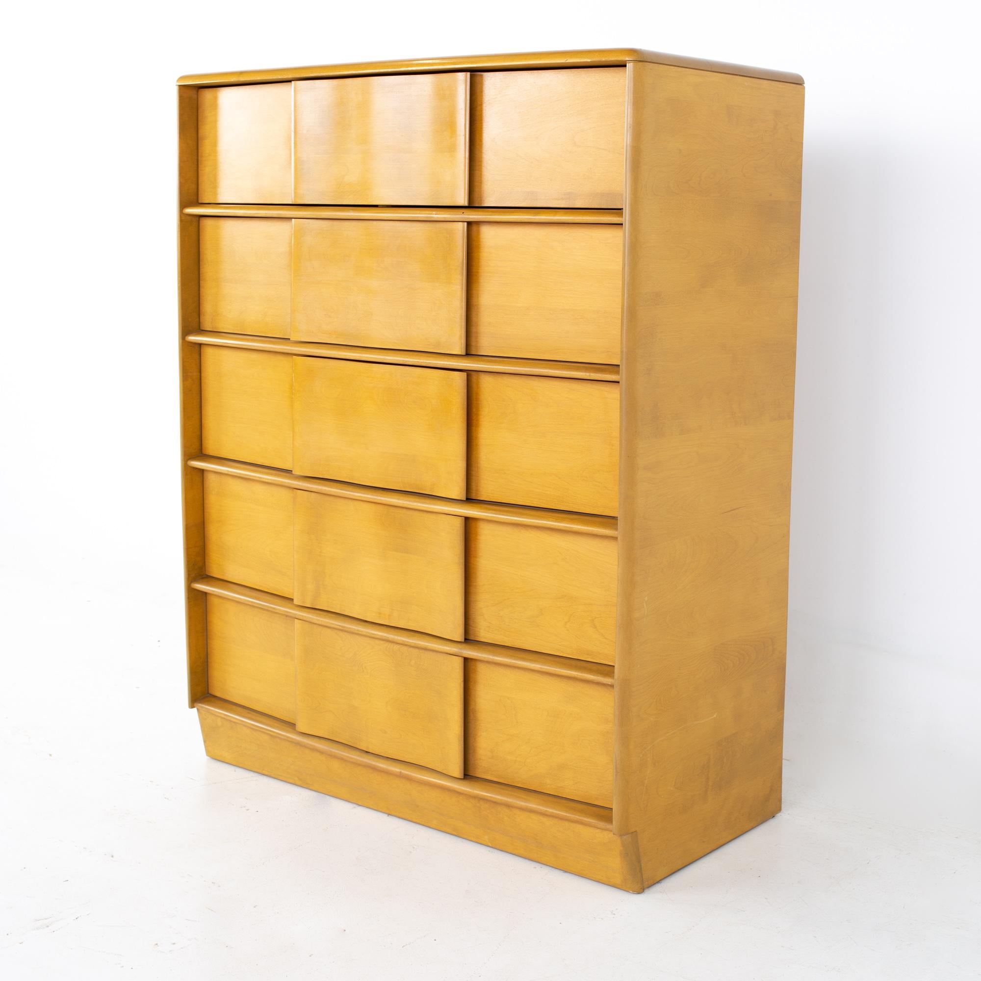 Heywood Wakefield sculptra mid century blonde wheat 5 drawer highboy dresser
Dresser measures: 38 wide x 19.5 deep x 47.5 inches high

All pieces of furniture can be had in what we call restored vintage condition. That means the piece is restored