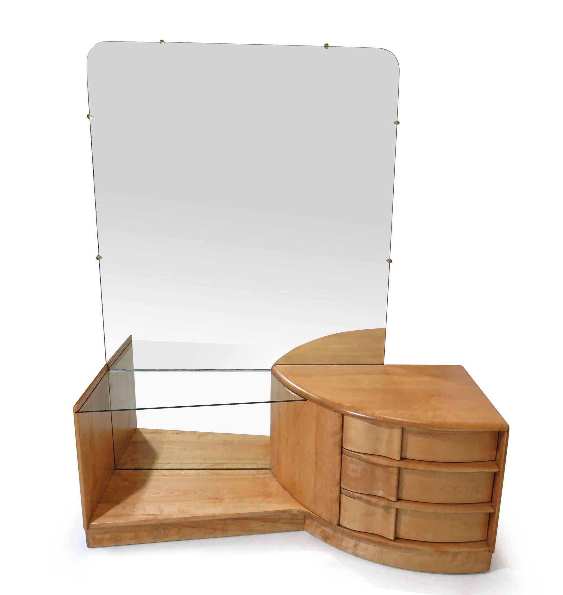Heywood Wakefield Sculptura Maple Vanity with Mirror In Excellent Condition For Sale In Oakland, CA
